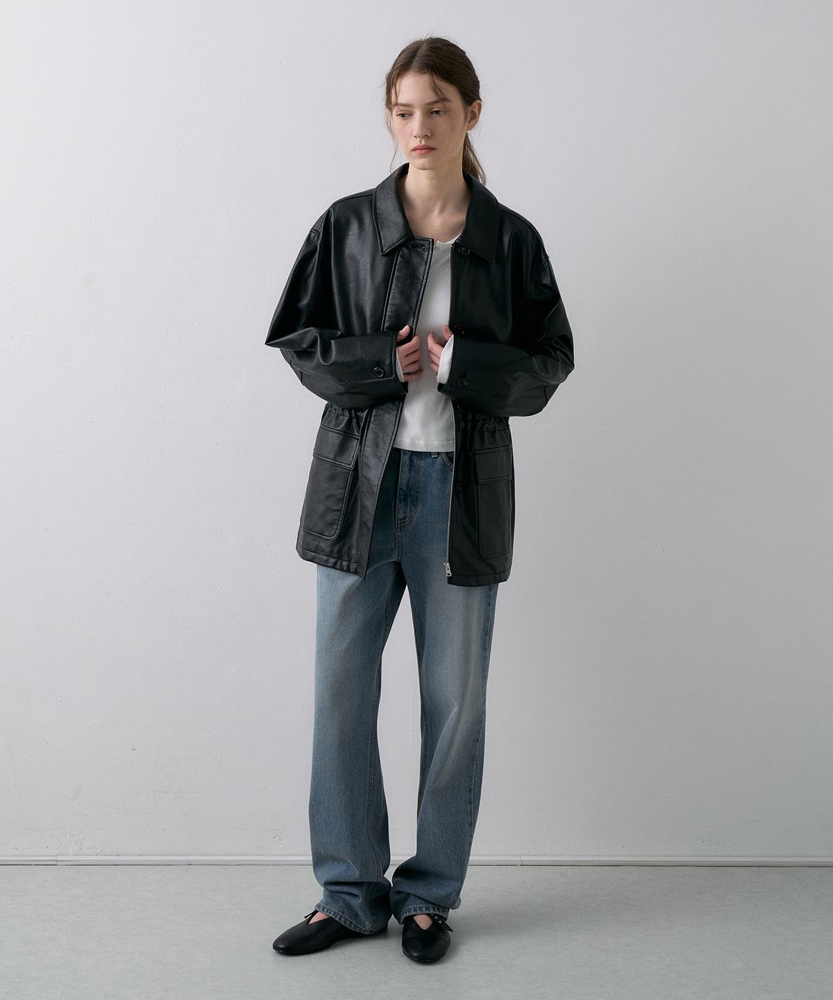 라메레이(LAMEREI) Leather Half Jacket[LMBFSP25JK5103]-Black