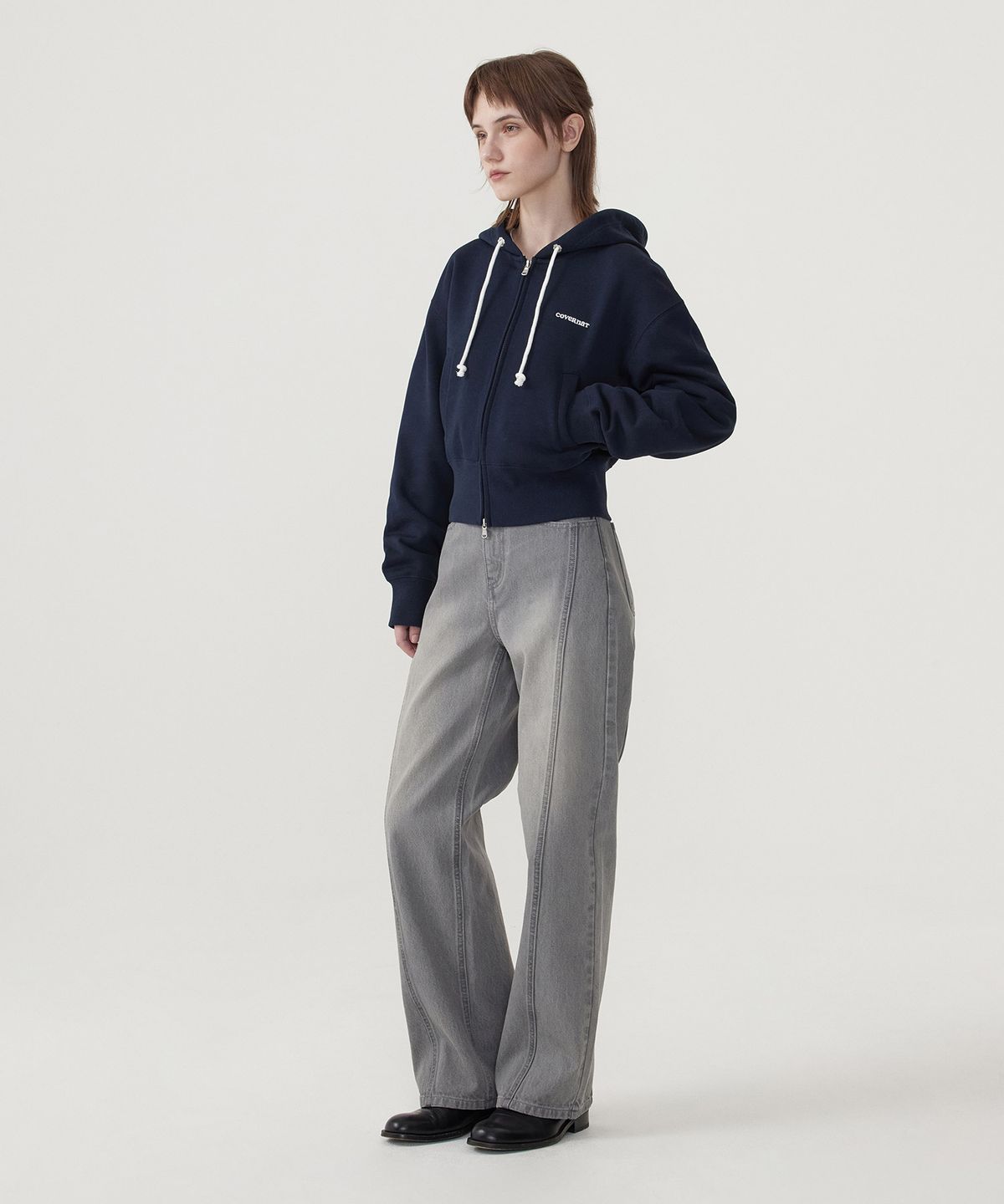 커버낫 우먼(COVERNAT WOMAN) 우먼 리본 크롭 후드집업 Navy