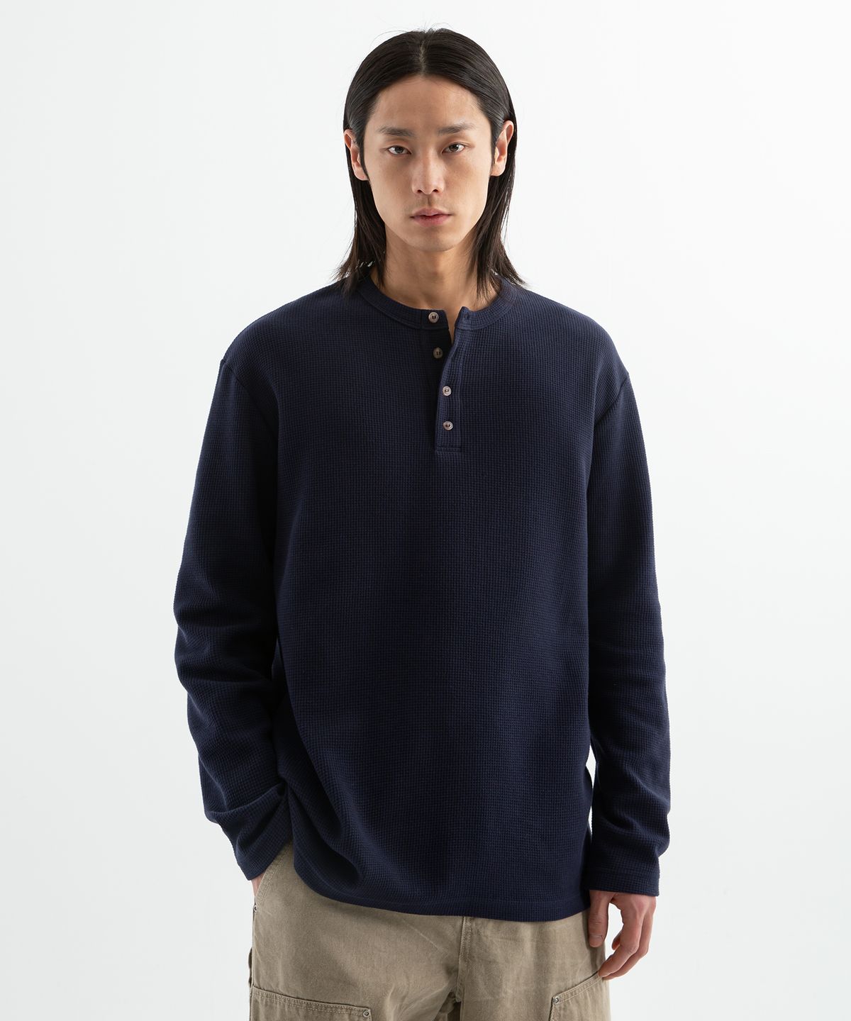 브렌슨(BRENSON) ( Waffle ) 루즈핏 와플 헨리넥 긴팔티 ( 4Color )