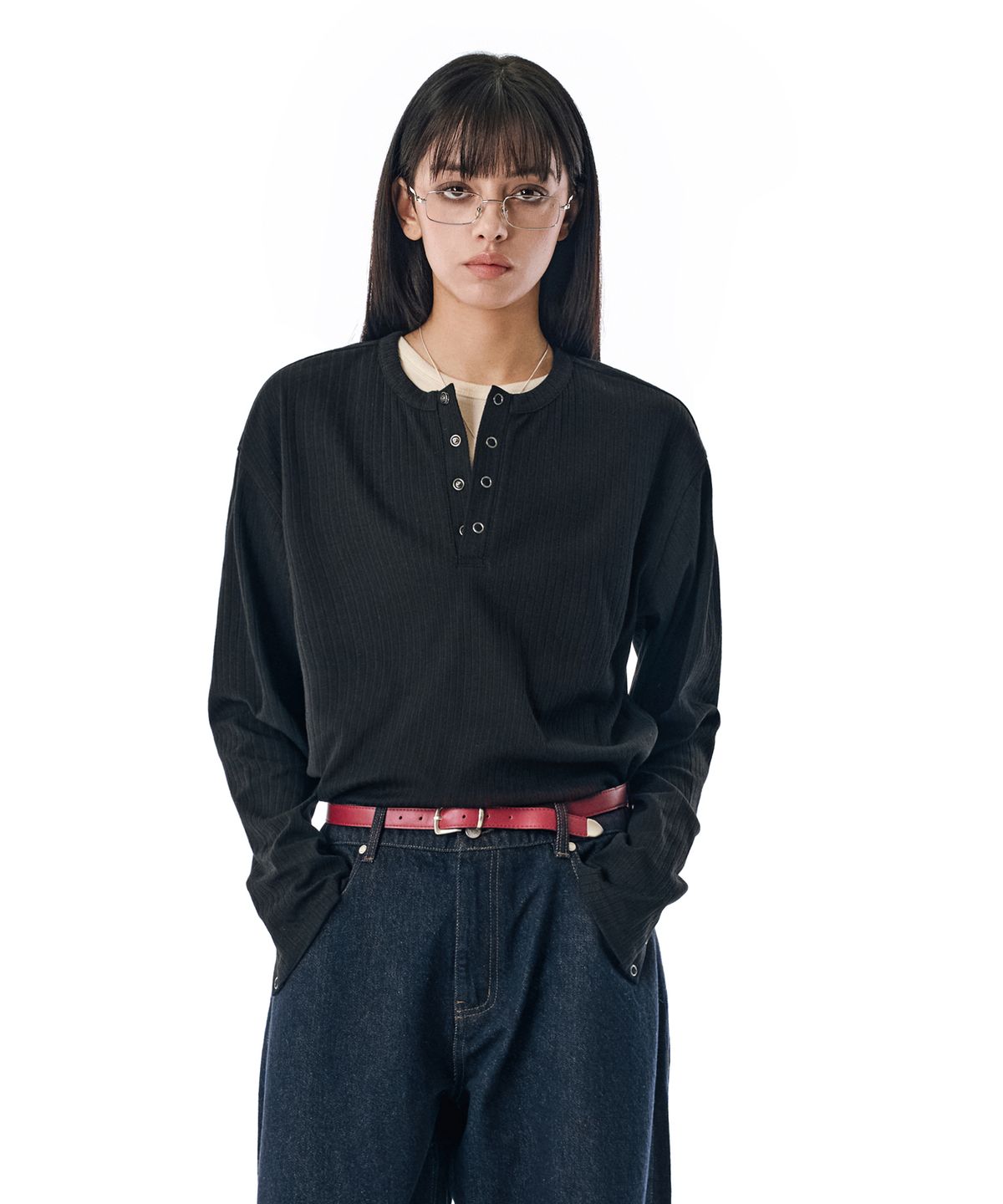 세컨모놀로그(SECONDMONO) Ribbed Henley Knit Long Sleeve [BLACK]_SETS044BLACK
