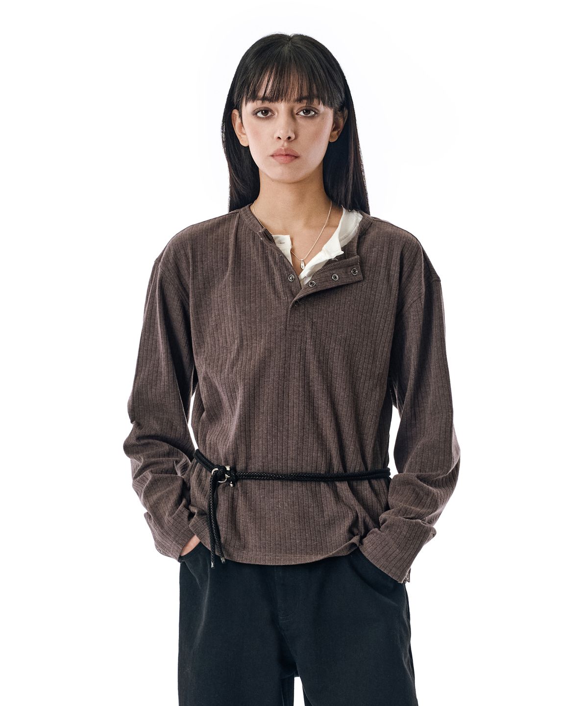세컨모놀로그(SECONDMONO) Ribbed Henley Knit Long Sleeve [CHARCOAL]_SETS044CHARCOAL