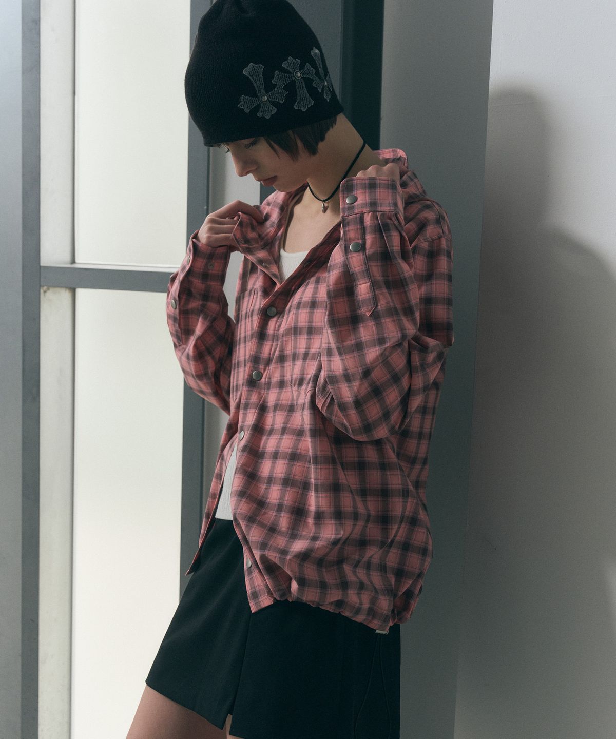 세컨모놀로그(SECONDMONO) 스냅 체크 후드 셔츠 자켓 [PINK]_SEJK011PINK