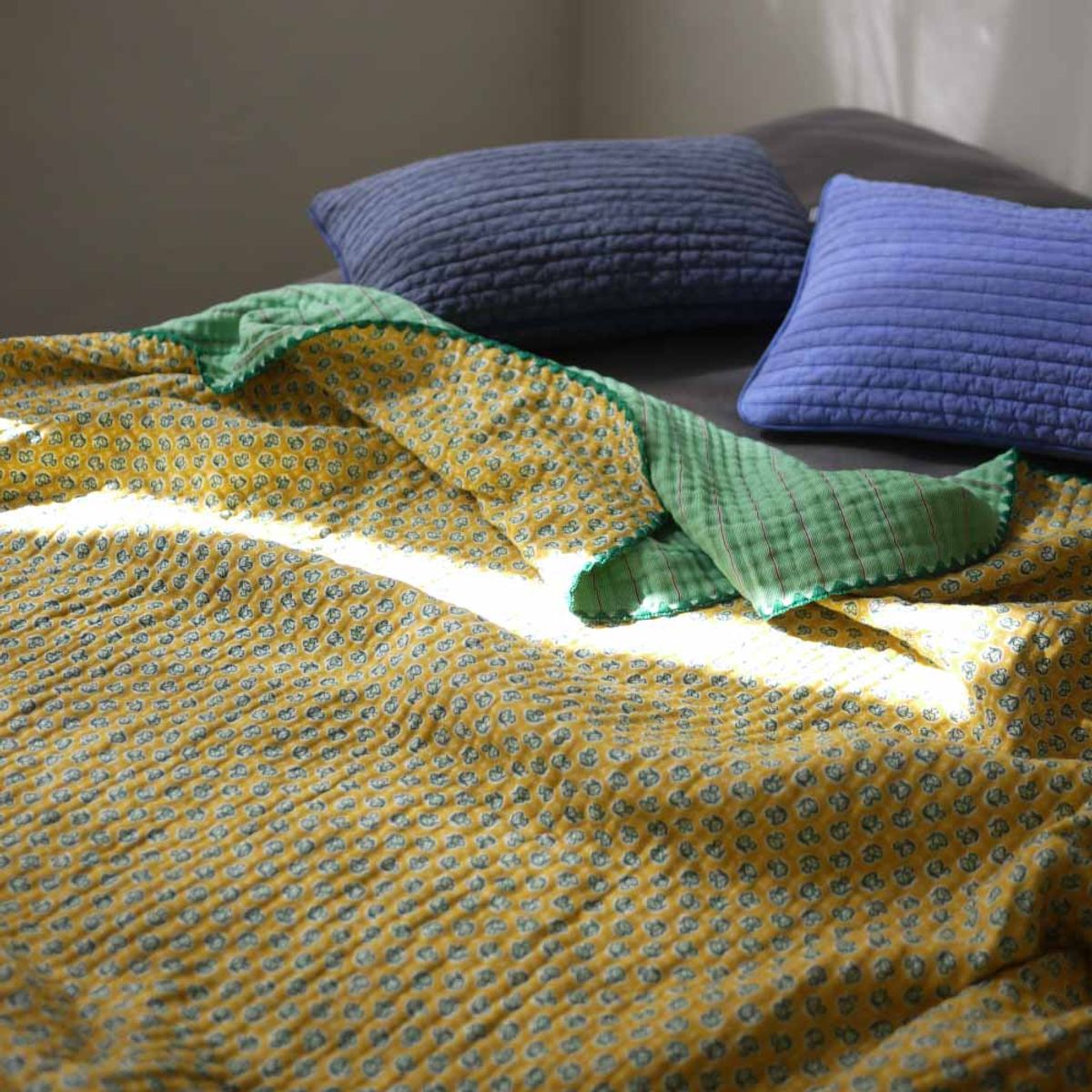 봄봄패브릭스(BOMBOM FABRICS) 4layer gauze blanket/green stripe + yellow blossom (S,L 2size), 4중 거즈 블랭킷