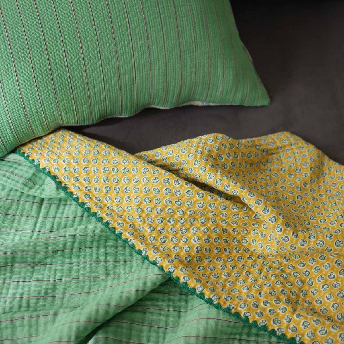 봄봄패브릭스(BOMBOM FABRICS) 4layer gauze blanket/green stripe + yellow blossom (S,L 2size), 4중 거즈 블랭킷