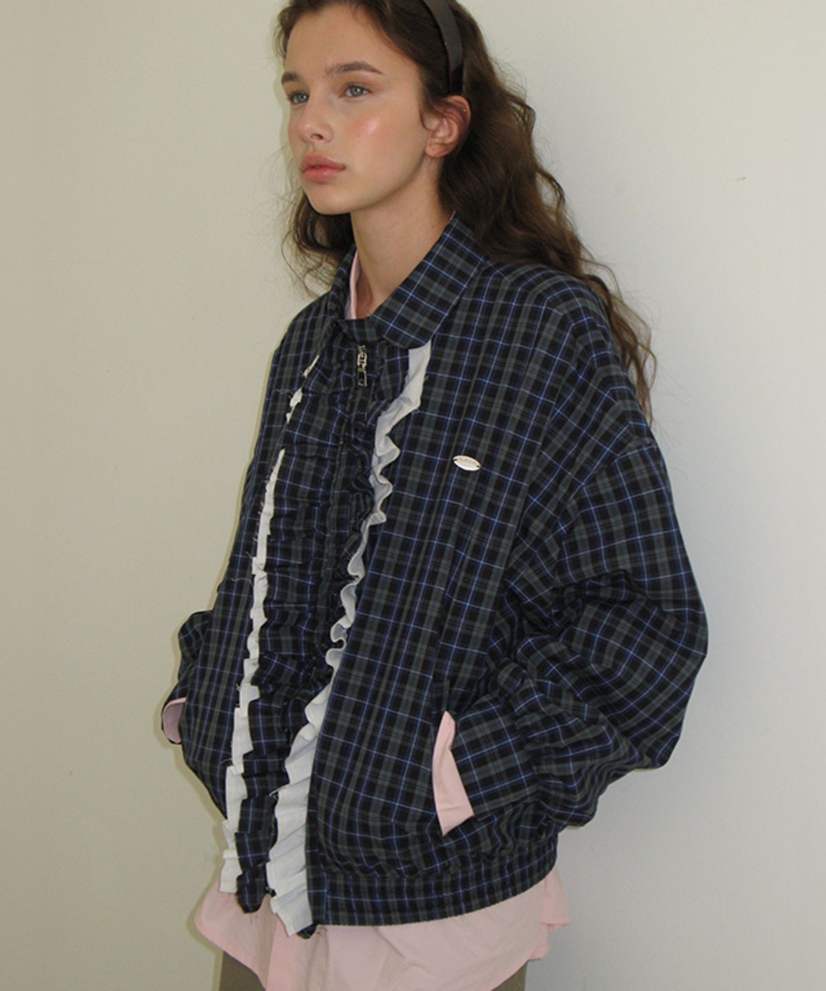 론론(RONRON) VINTAGE RUFFLE BLOUSON GREEN CHECK