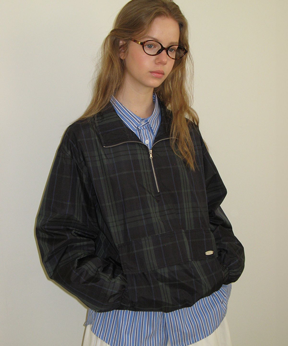 론론(RONRON) POCKET HALF ZIP UP ANORAK GREEN CHECK