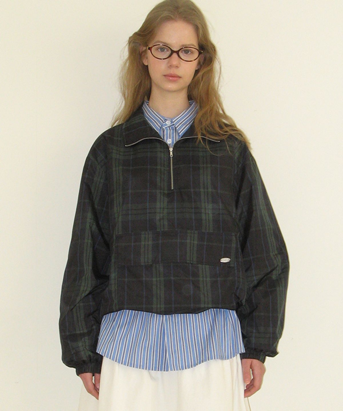 론론(RONRON) POCKET HALF ZIP UP ANORAK GREEN CHECK