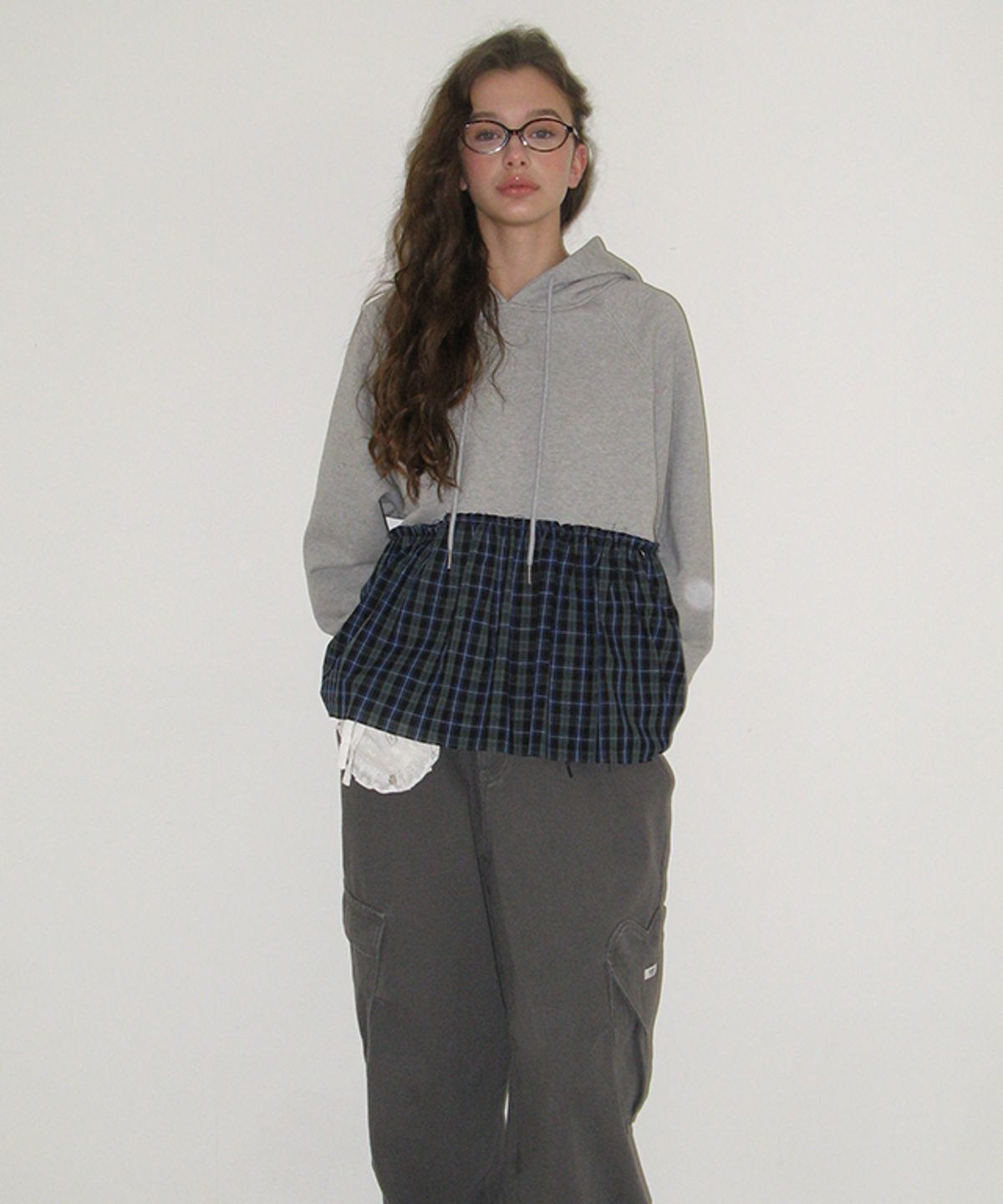론론(RONRON) PENDANT CHECK CANCAN FRILL HOODIE GREY