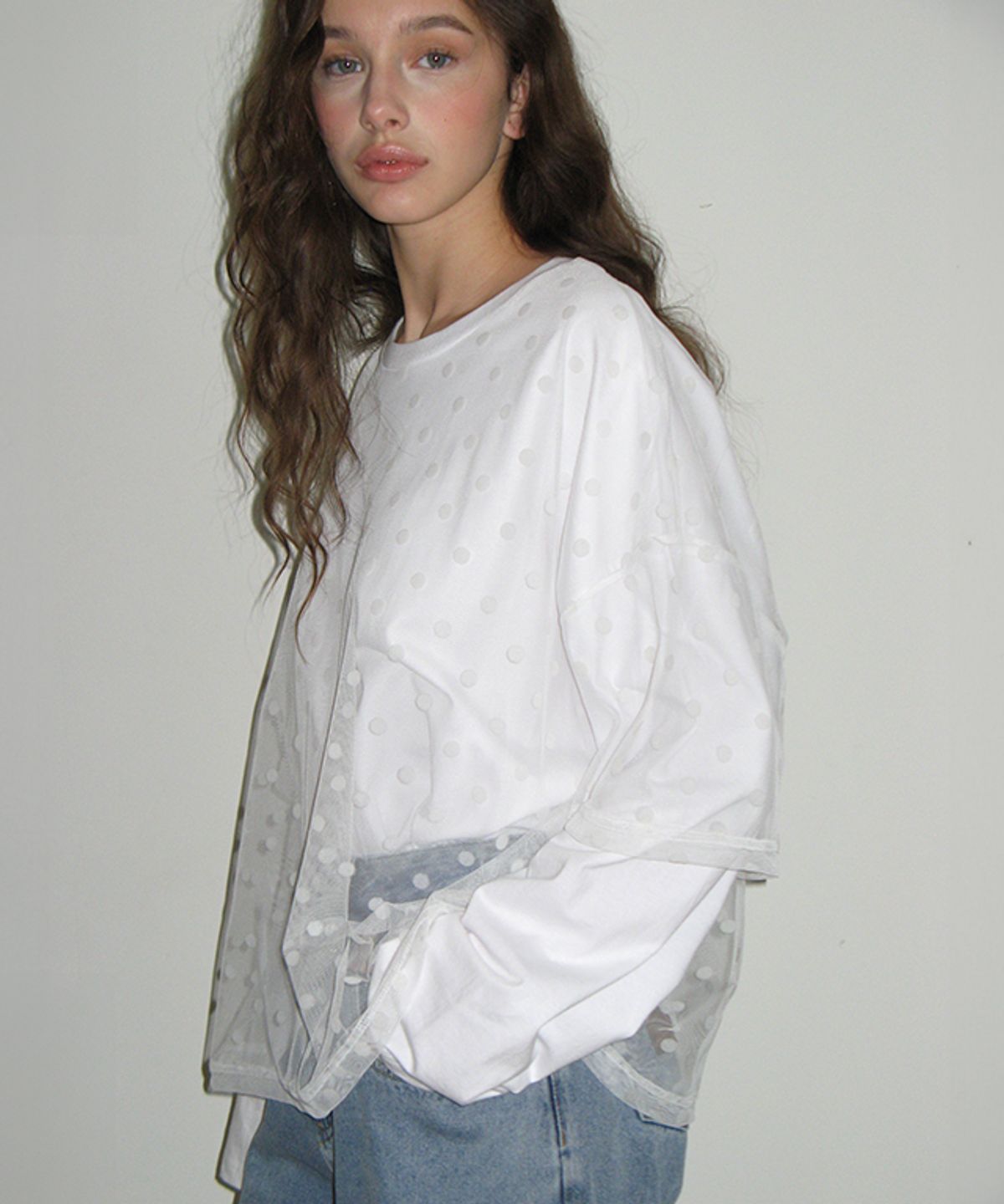 론론(RONRON) DOT SHEER LAYERED LONG SLEEVE WHITE