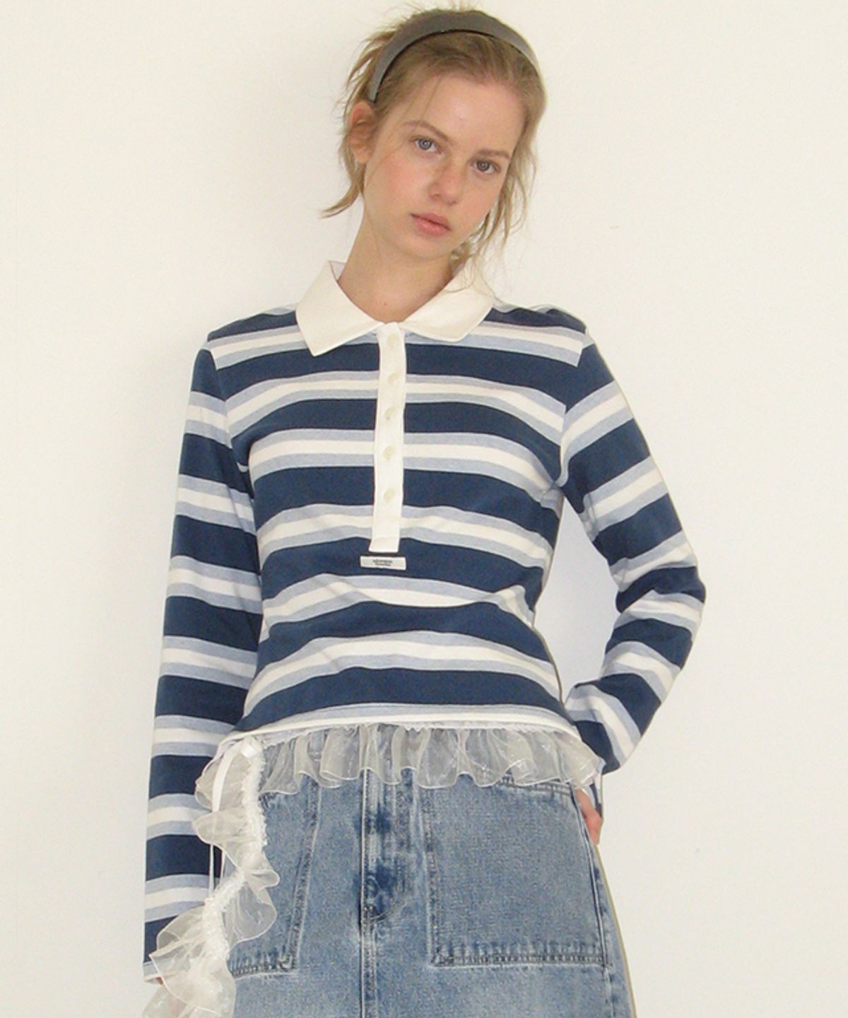 론론(RONRON) HENRYNECK COLLAR SLIM LONG SLEEVE BLUE STRIPE