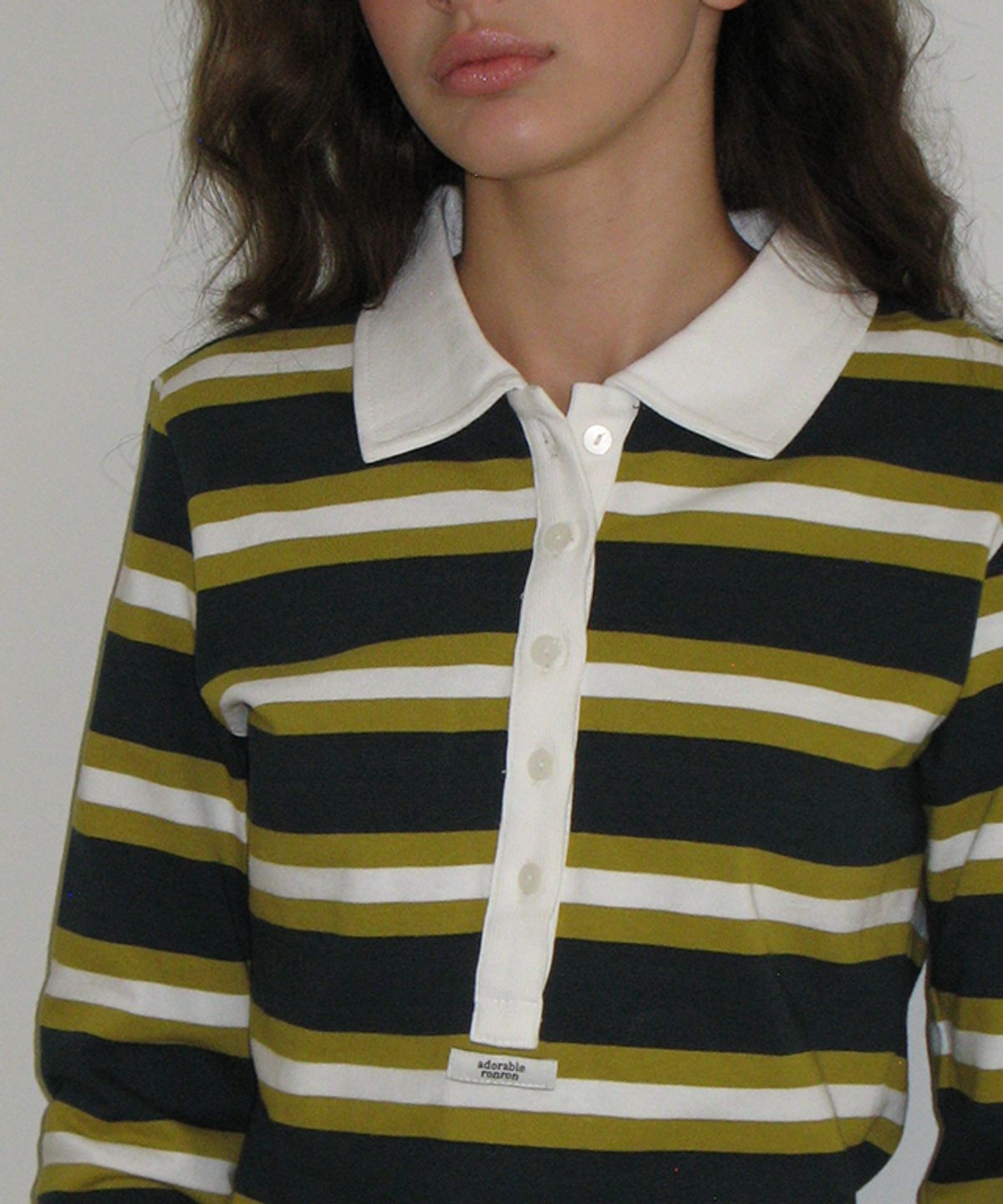 론론(RONRON) HENRYNECK COLLAR SLIM LONG SLEEVE OLIVE STRIPE