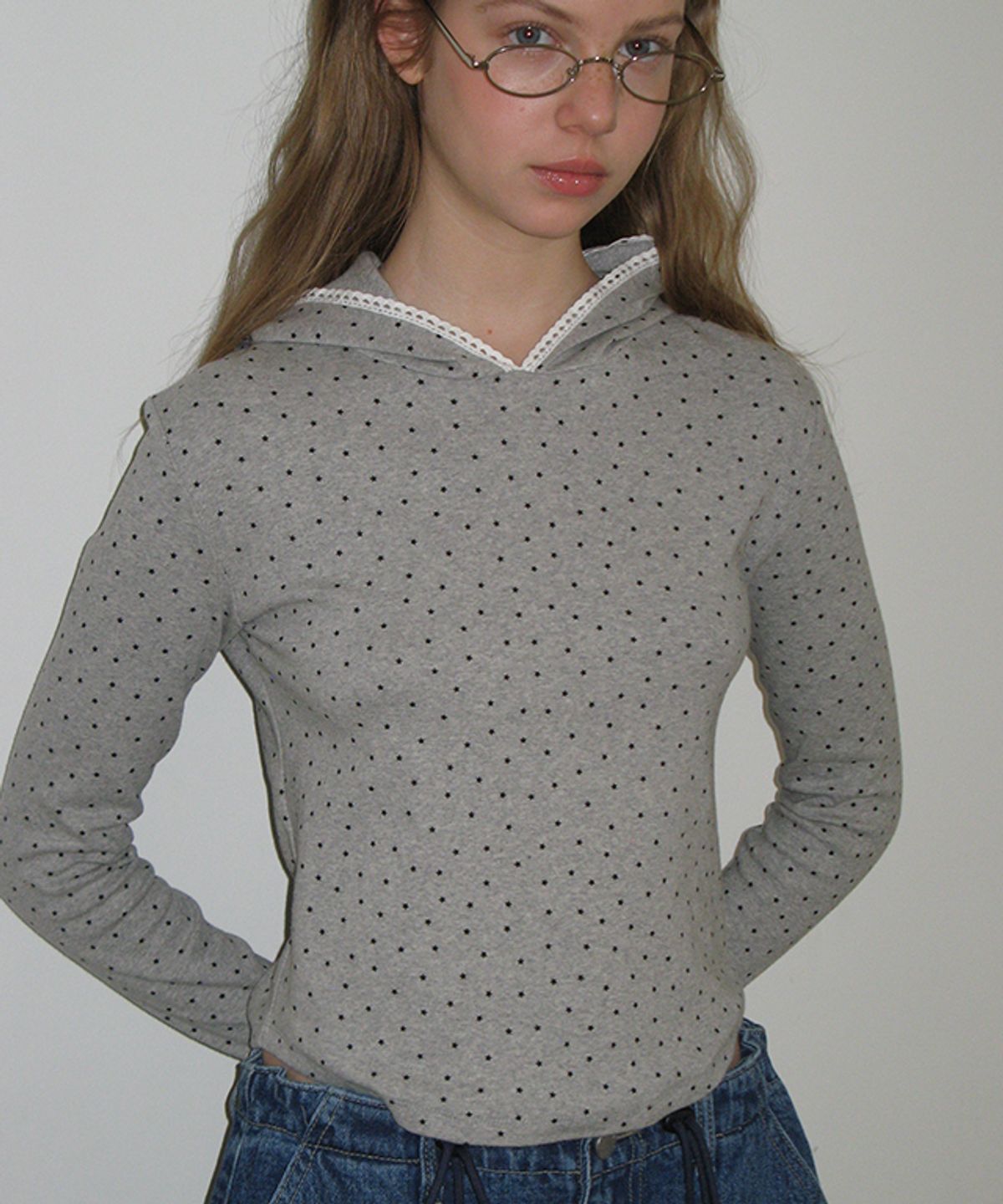 론론(RONRON) LACE HOODIE SLIM LONG SLEEVE GREY STAR