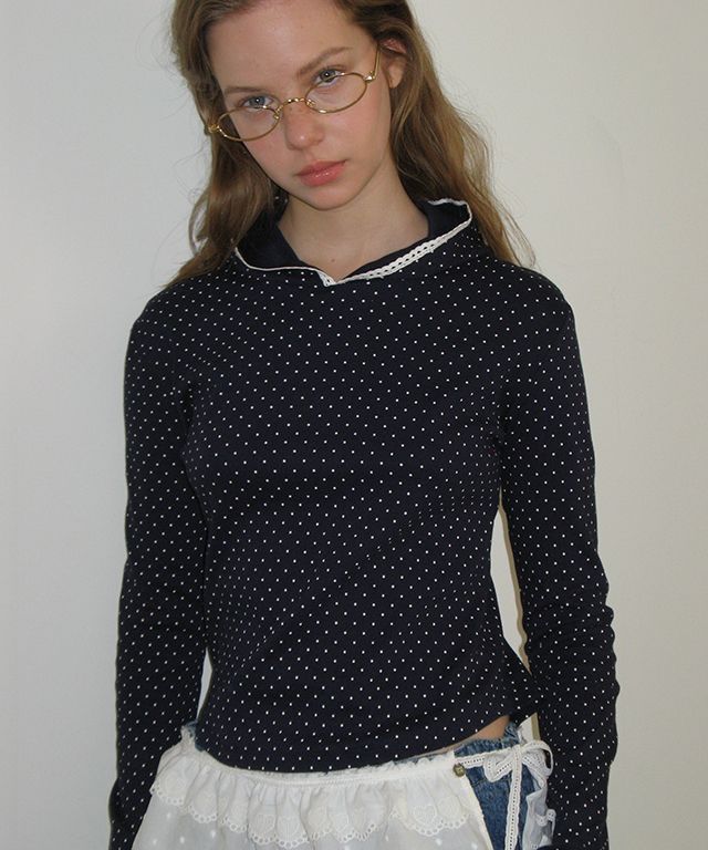 MUSINSA公式 | RONRON LACE HOODIE SLIM LONG SLEEVE NAVY DOT