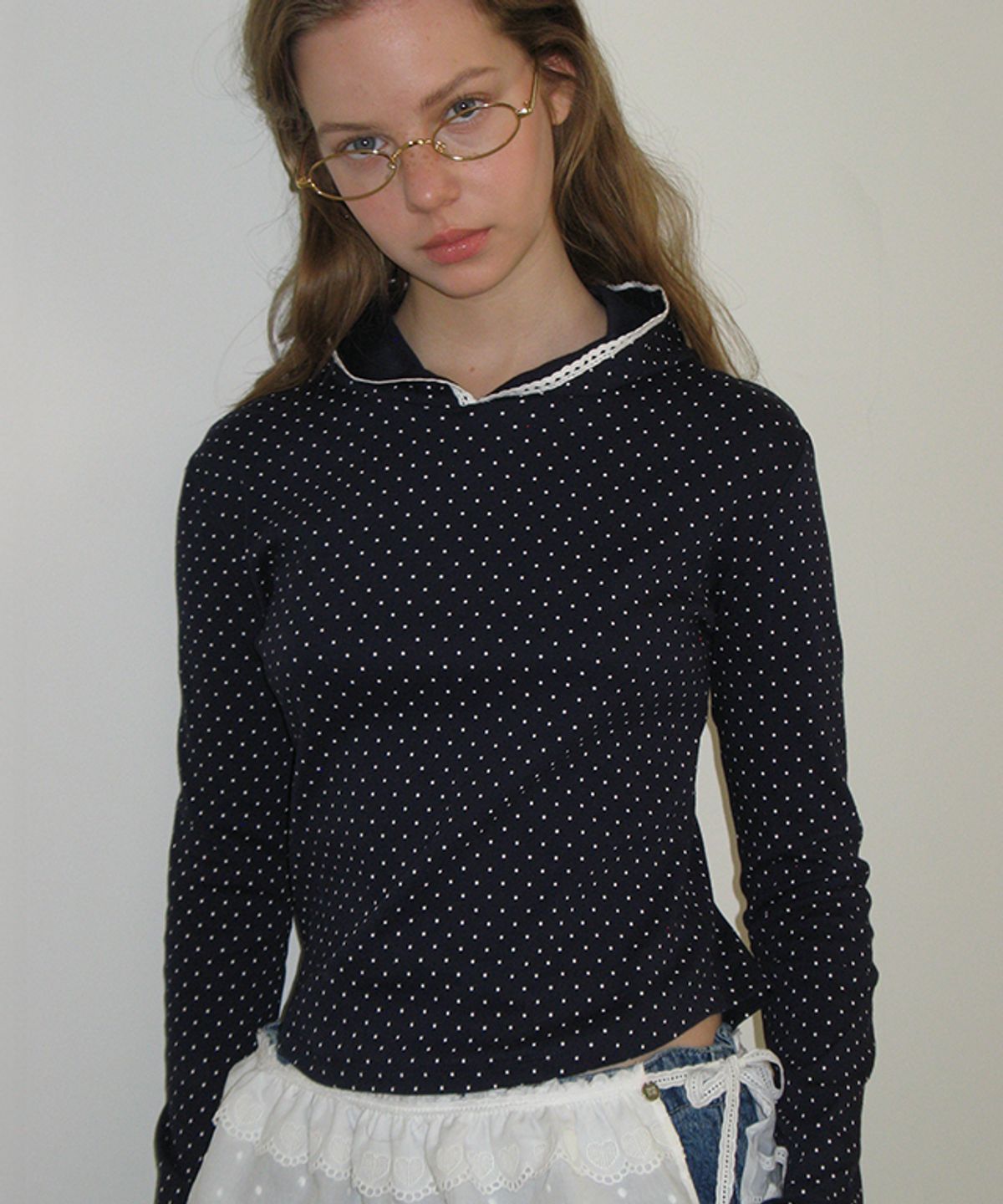 론론(RONRON) LACE HOODIE SLIM LONG SLEEVE NAVY DOT