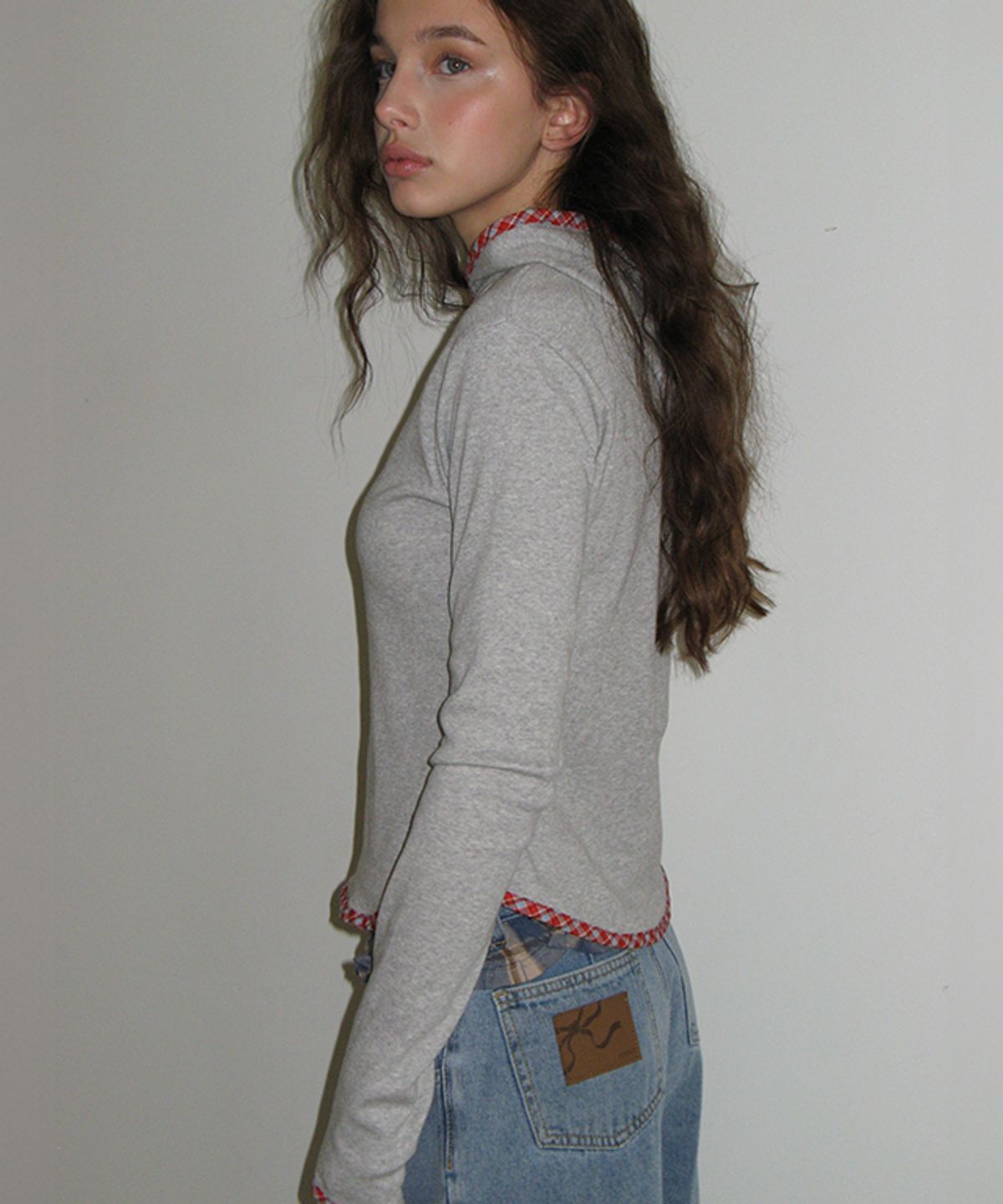 론론(RONRON) LINE POINT SLIM HOODIE LONG SLEEVE CHECK GREY