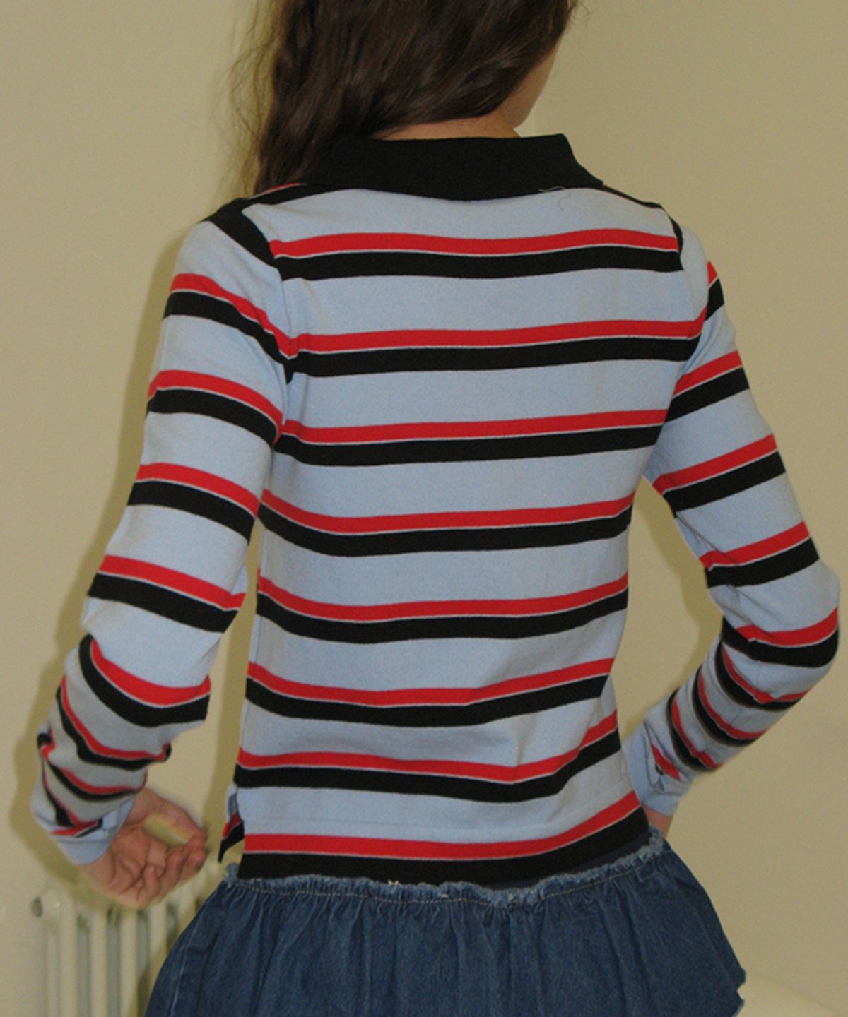 론론(RONRON) STRIPE HENRYNECK COLLAR SLIM LONG SLEEVE KNIT BLUE RED