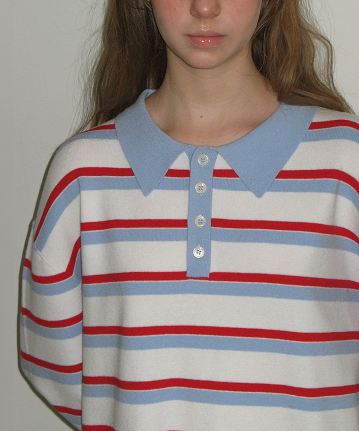론론(RONRON) RUGBY COLLAR LOOSE FIT LONG SLEEVE KNIT WHITE RED STRIPE