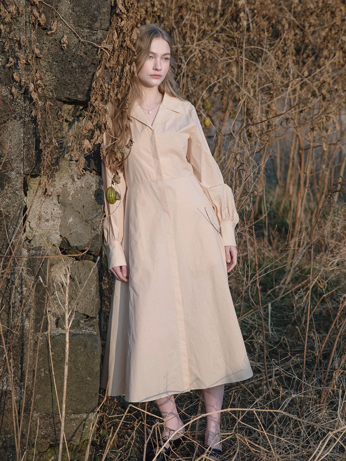 르니나(LENINA) LORA cotton shirt dress_APRICOT BEIGE