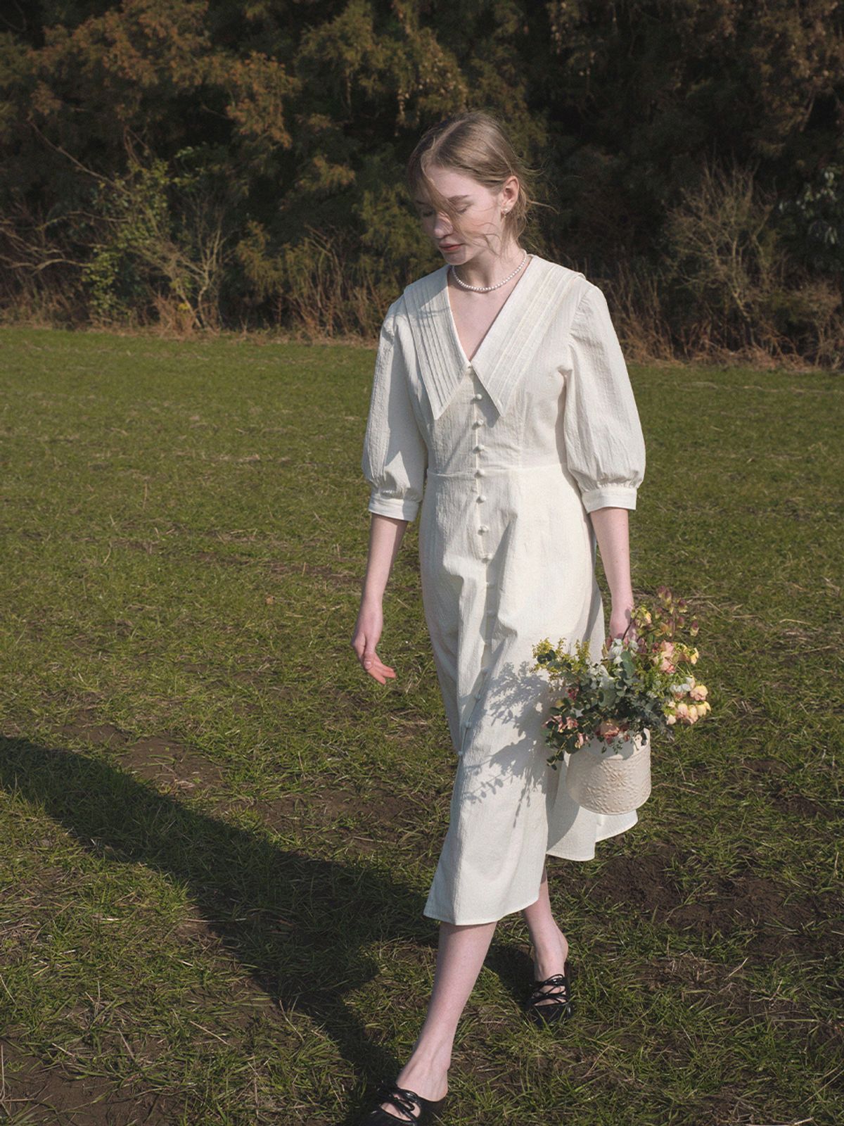 르니나(LENINA) ROMIN V neck pintuck collar dress_WHITE