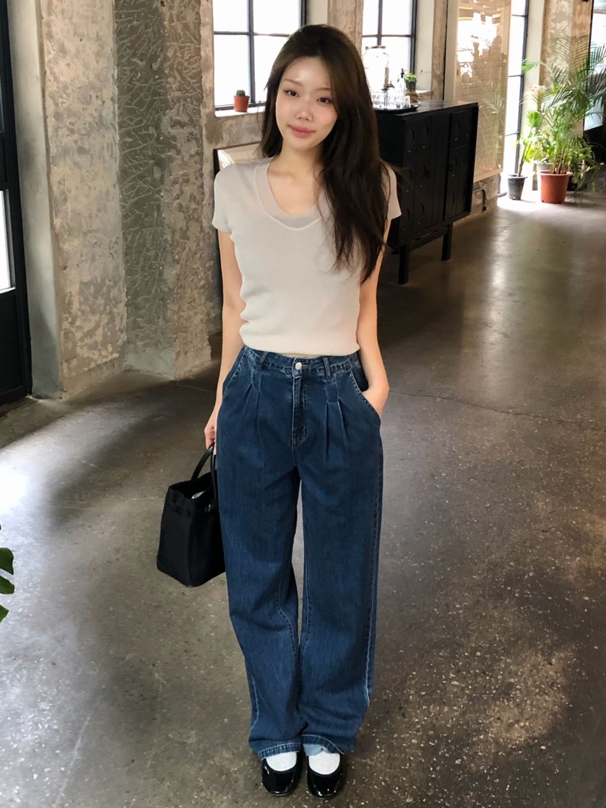 르니나(LENINA) HUGO two tuck straight denim pants_DEEP BLUE