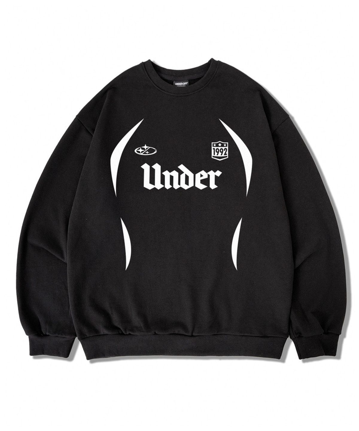 언더오프(UNDEROFF) 오버핏 맨투맨 스웨트 스포티 유니폼로고 블랙