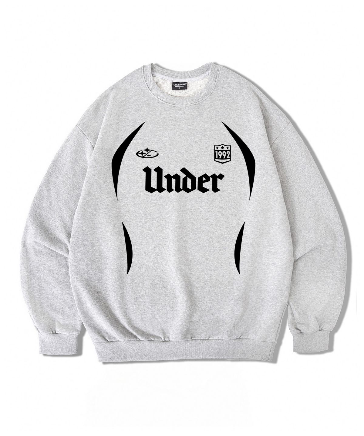 언더오프(UNDEROFF) 오버핏 맨투맨 스웨트 스포티 유니폼로고 블랙