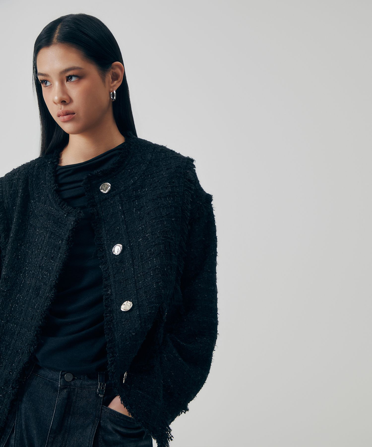 韓国商品/TREMING BIRD Frayed Trim Tweed Over-fit Jacket 트리밍버드(TREEMINGBIRD) Frayed Trim Tweed Over-fit Jacket