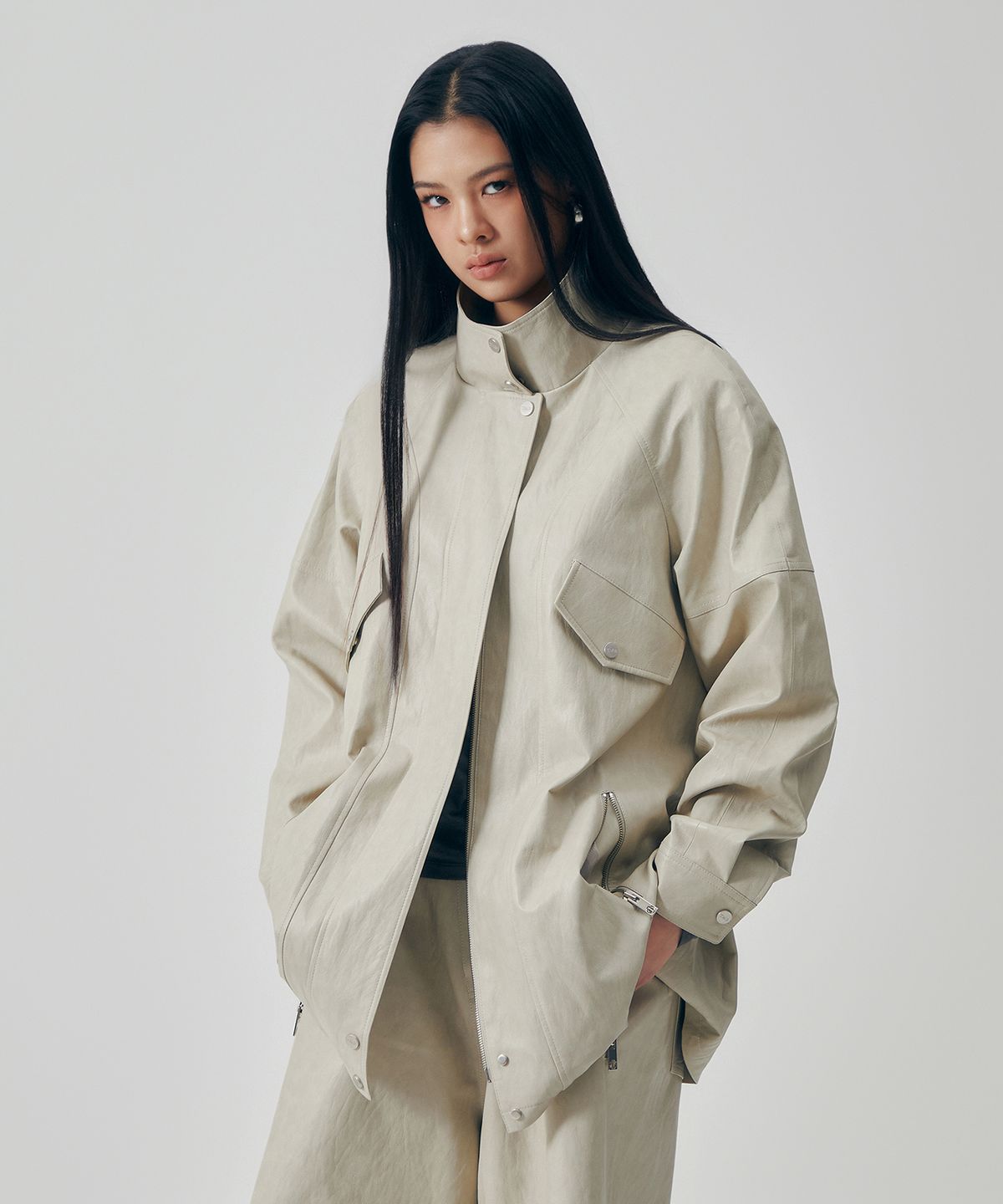 트리밍버드(TREEMINGBIRD) Distressed Leather Set-up Jumper [ Beige ]
