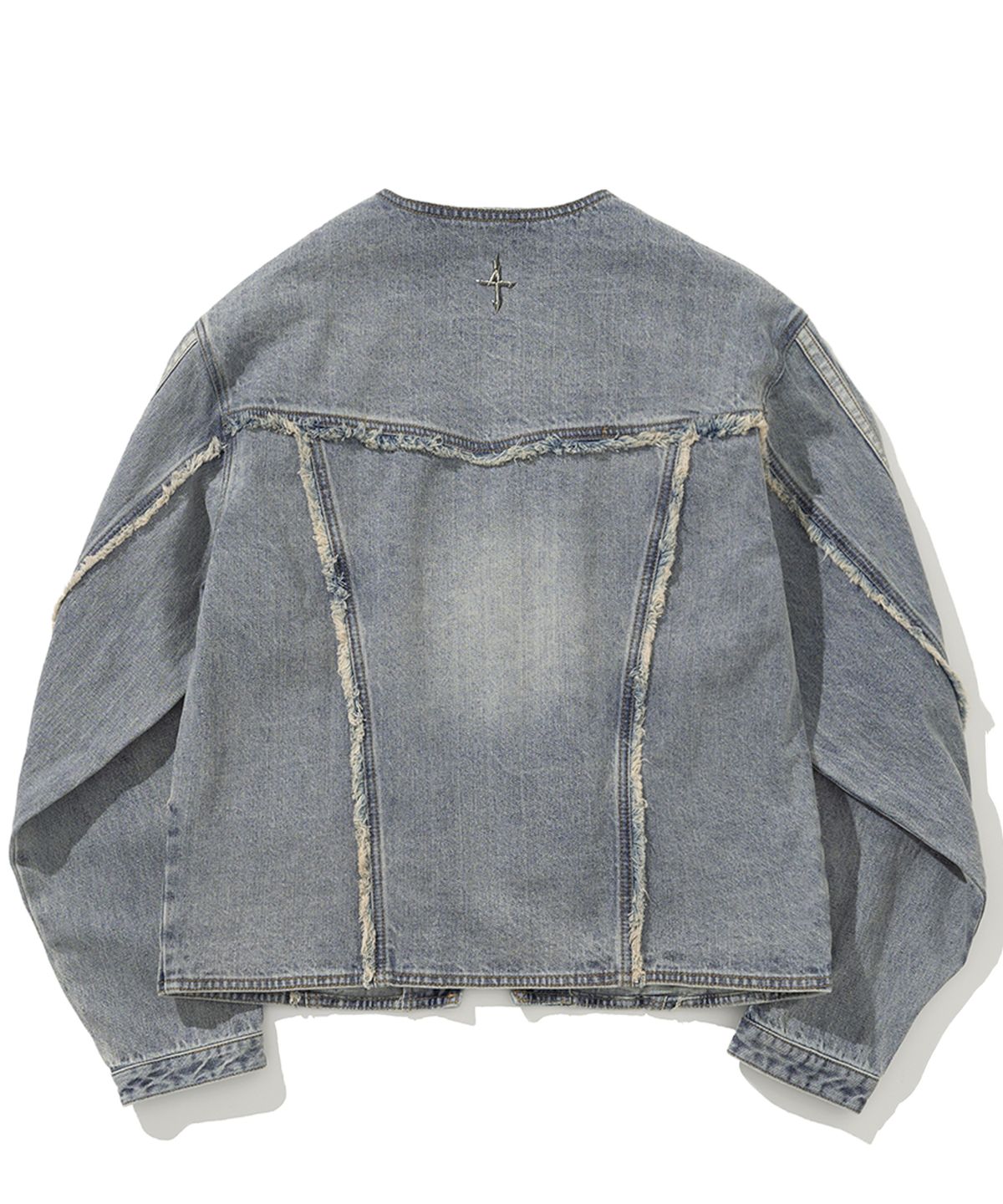 낫포너드(NOT4NERD) Cut Off Side Line V-Neck Denim Jacket - Light Blue