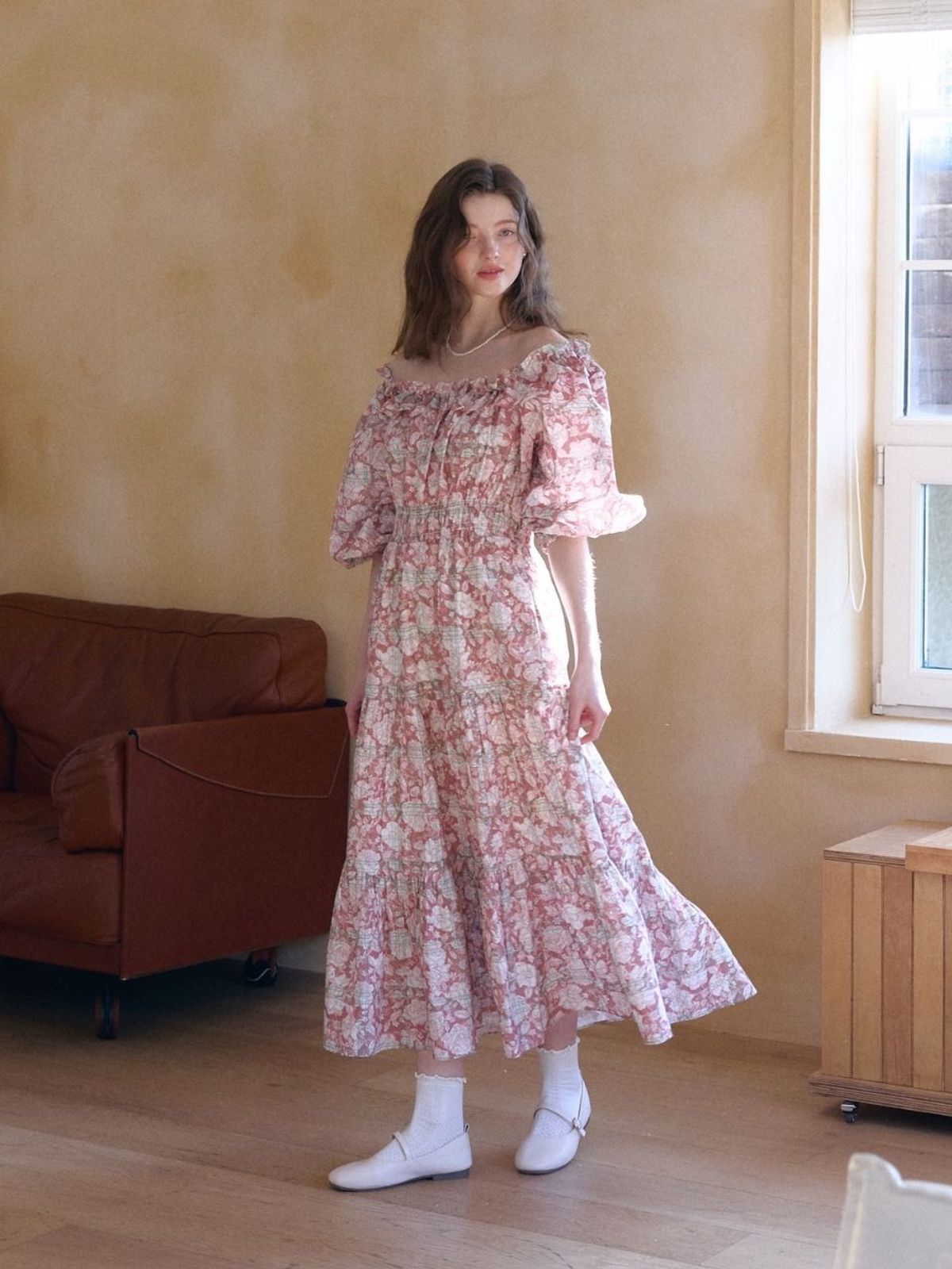 패브릭서울(FABRICSEOUL) flower cancan off shoulder long dress_pink