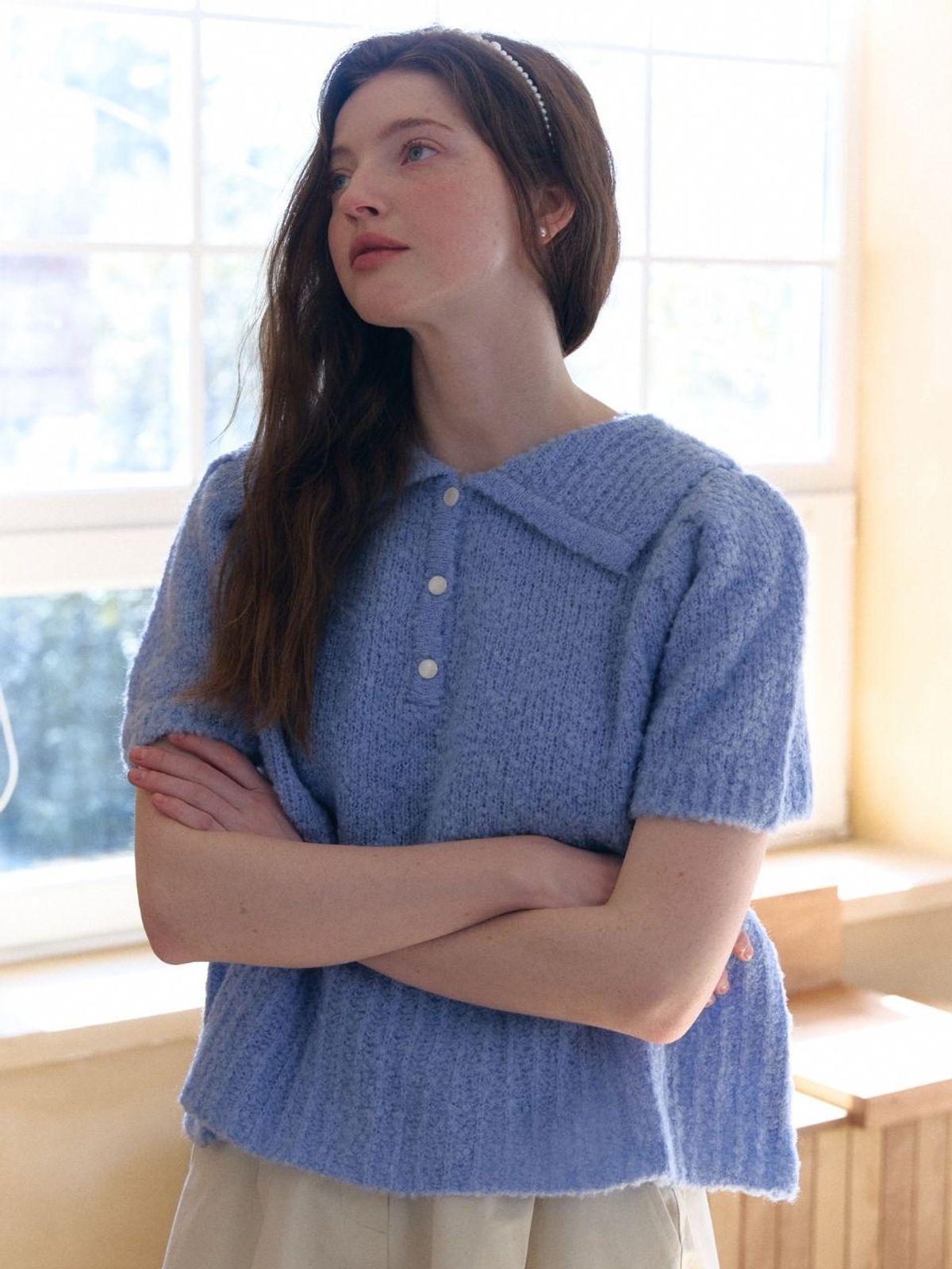 패브릭서울(FABRICSEOUL) wool button collar puff knit_blue
