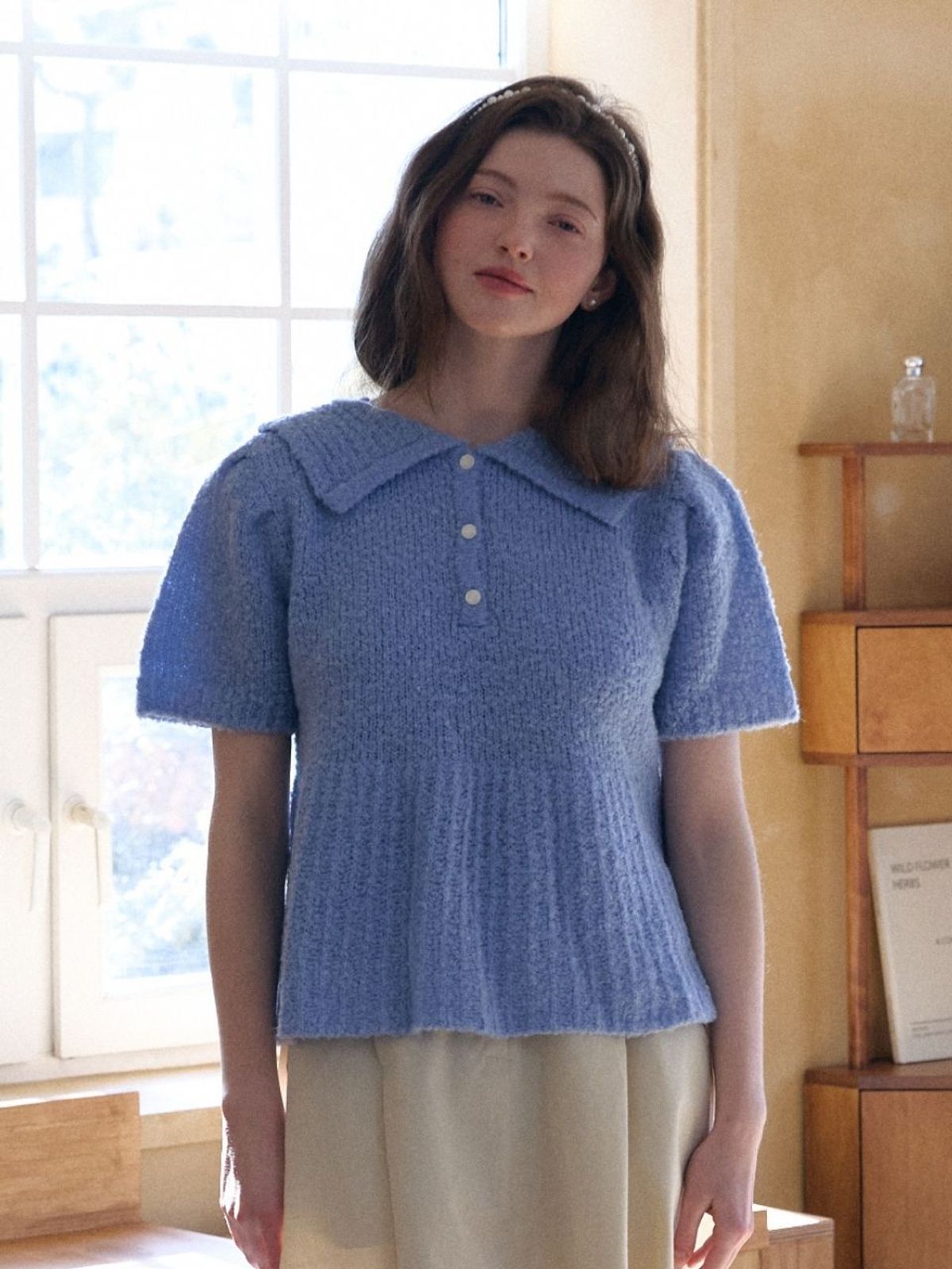 패브릭서울(FABRICSEOUL) wool button collar puff knit_blue