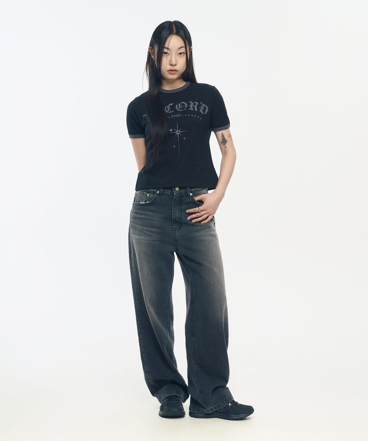 슬로우 레코드 하우스(SLOW RECORD HOUSE) 우먼즈 워시드 와이드 데님 팬츠_블랙