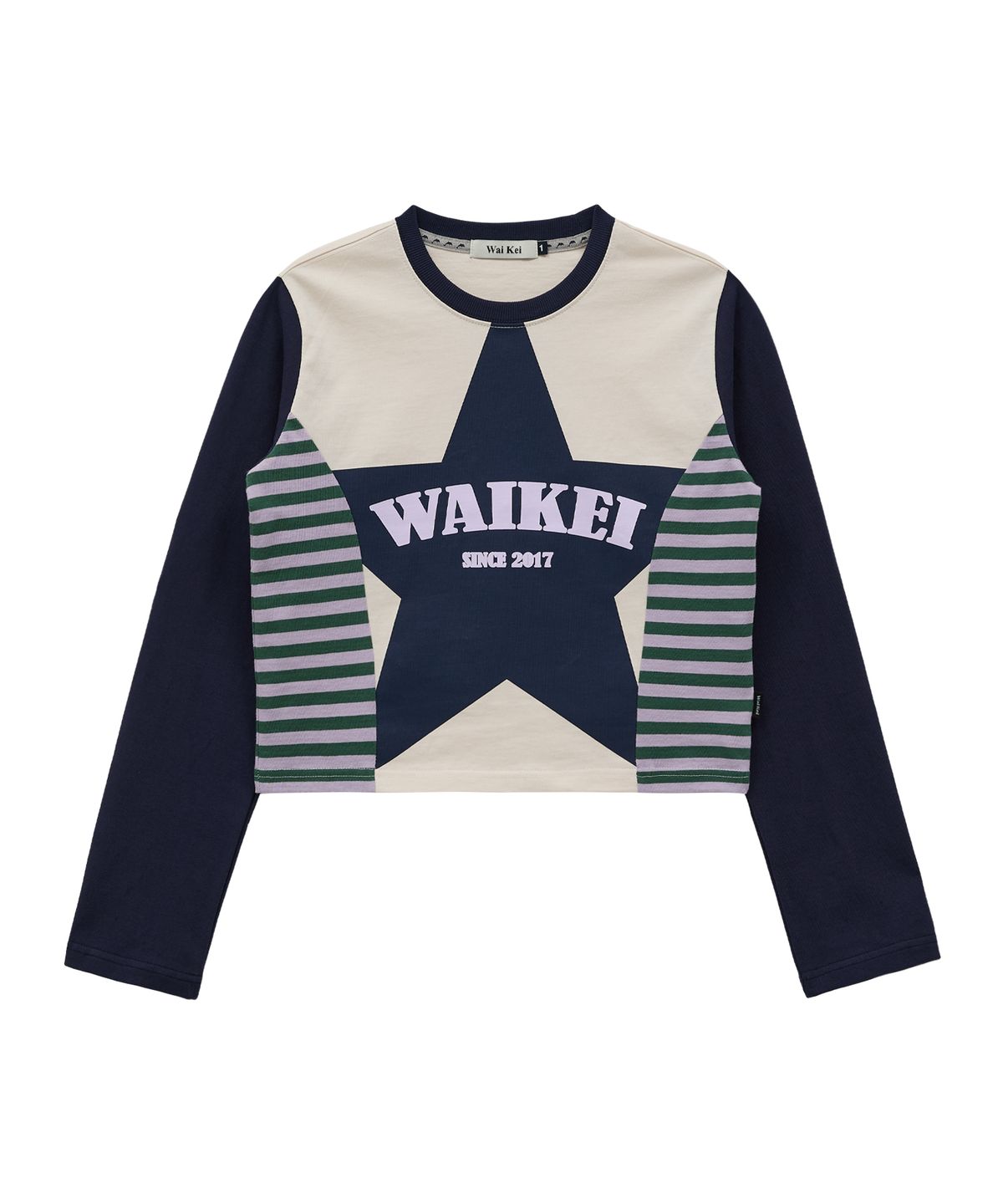 와이케이(WAIKEI) (우먼) 스타 위드 스트라이프 티셔츠 네이비