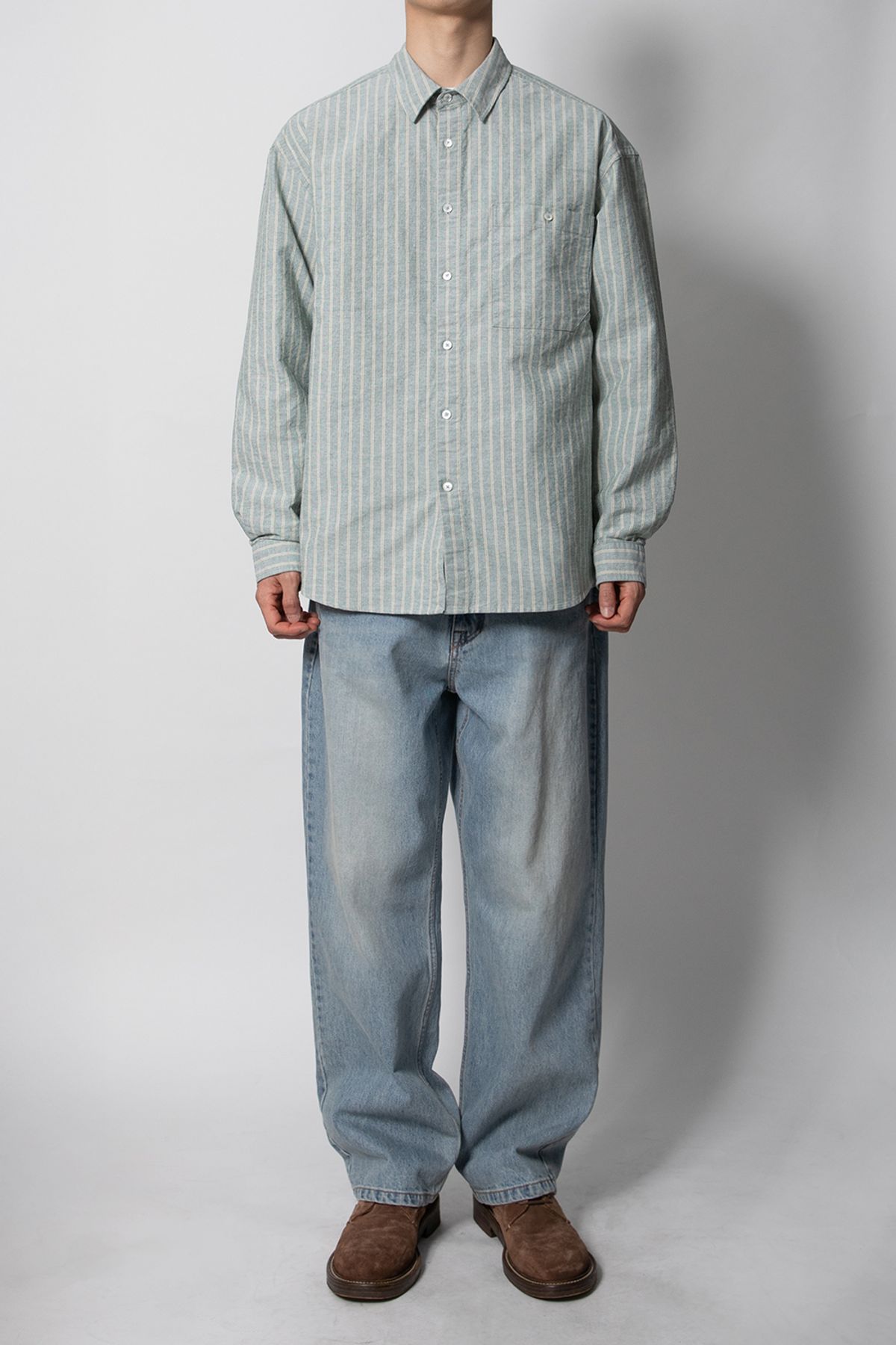 홀리선(HORLISUN) Jane Oxford Stripe Shirt Indigo Green