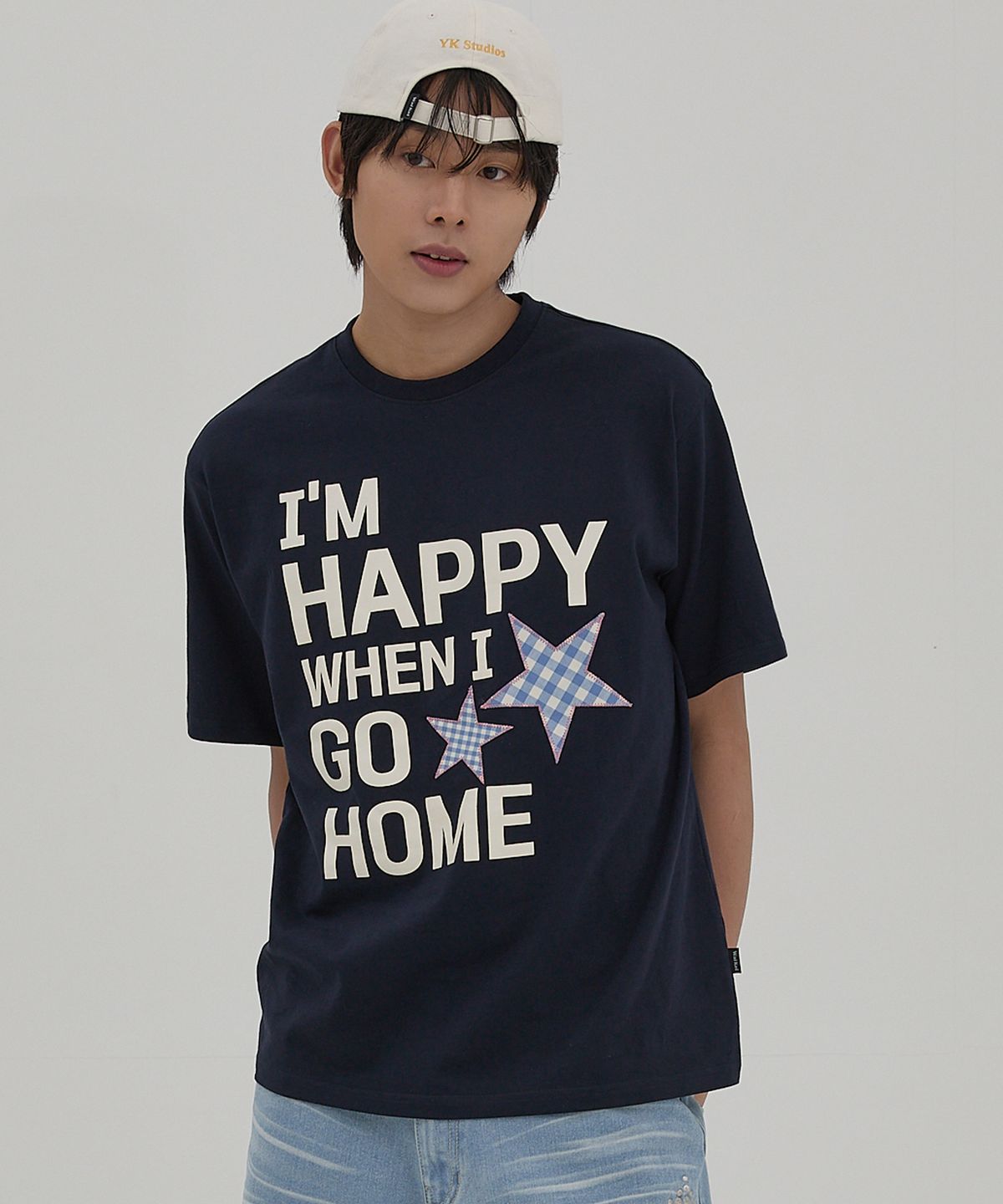 와이케이(WAIKEI) I am HAPPY 반팔티셔츠 네이비