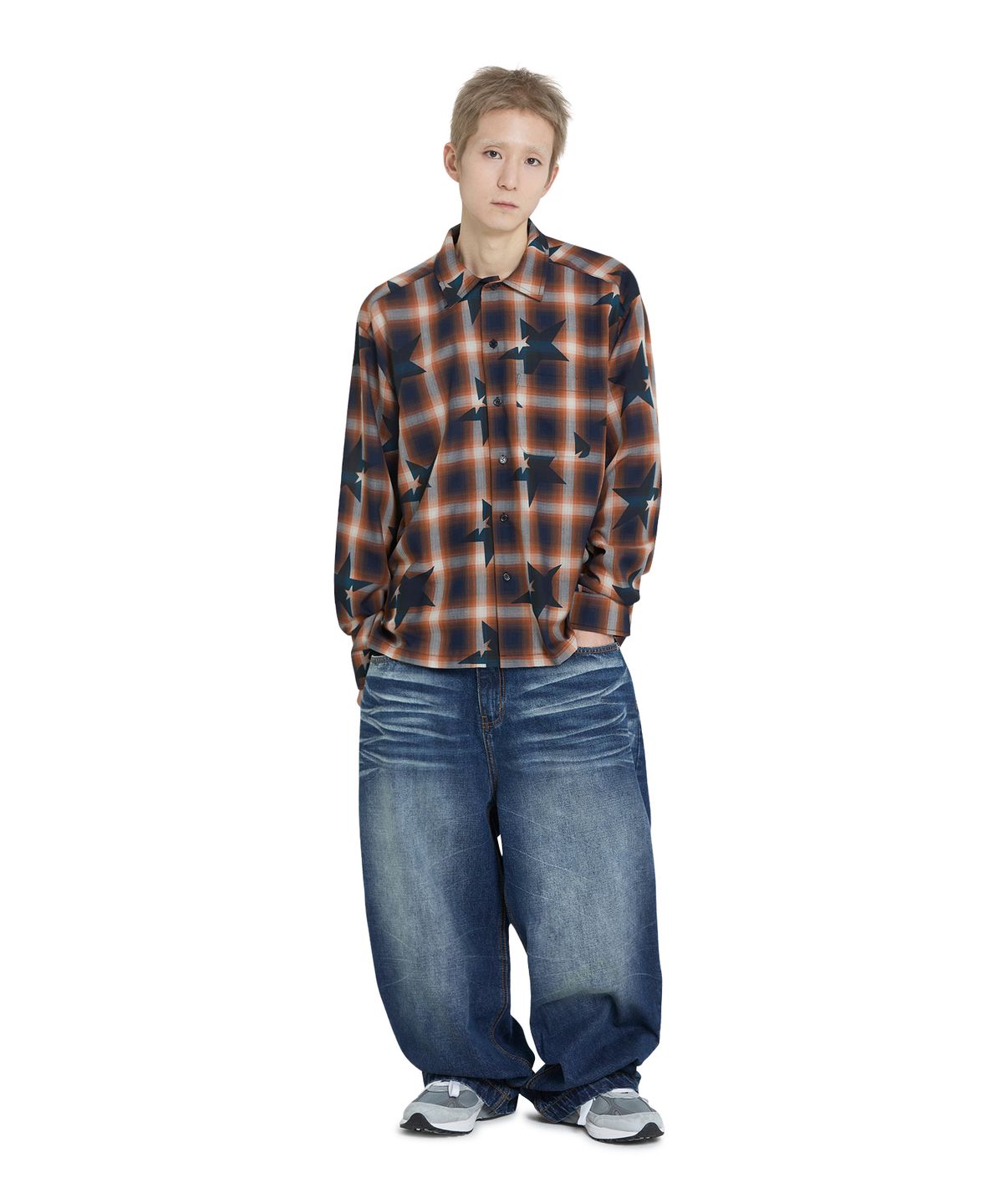 오픈야드(오와이)(OPENYARD(OY)) STAR OMBRE CHECK CROPPED SHIRT - NAVY