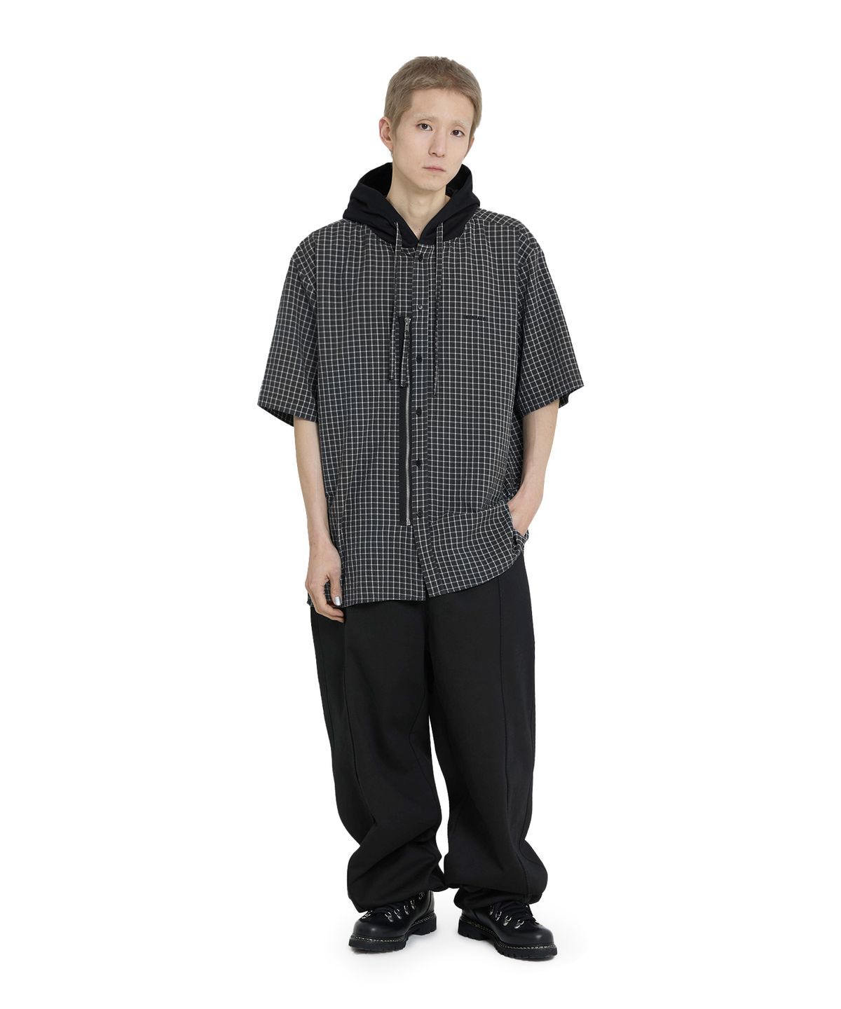 오픈야드(오와이)(OPENYARD(OY)) CHECK ZIP HOODIE S/S SHIRT - BLACK