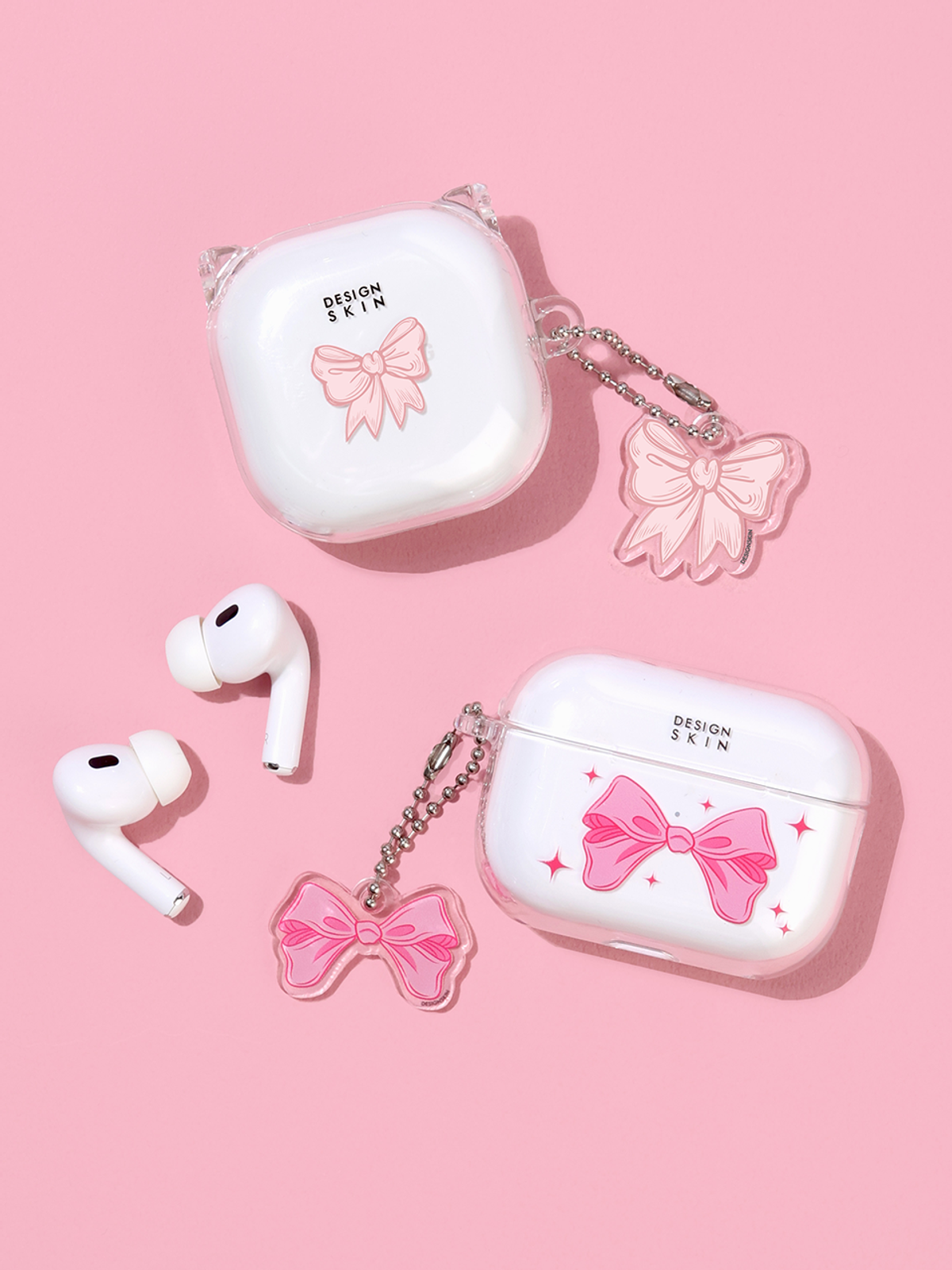 디자인스킨(DESIGNSKIN) 갤럭시 버즈2/프로/라이브 클리어 케이스+키링 세트-리본 컬렉션