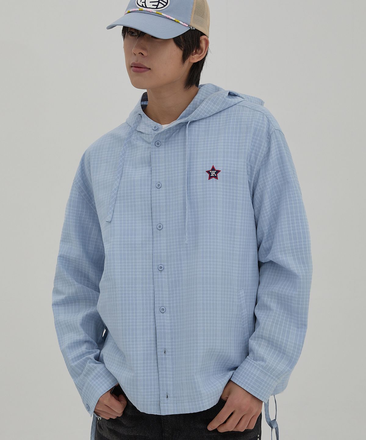 와이케이(WAIKEI) YK 체크 후드 셔츠 스카이블루