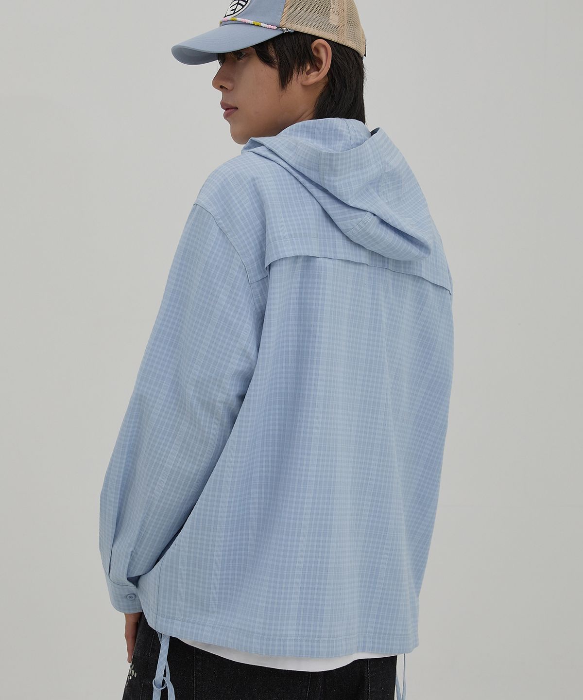 와이케이(WAIKEI) YK 체크 후드 셔츠 스카이블루