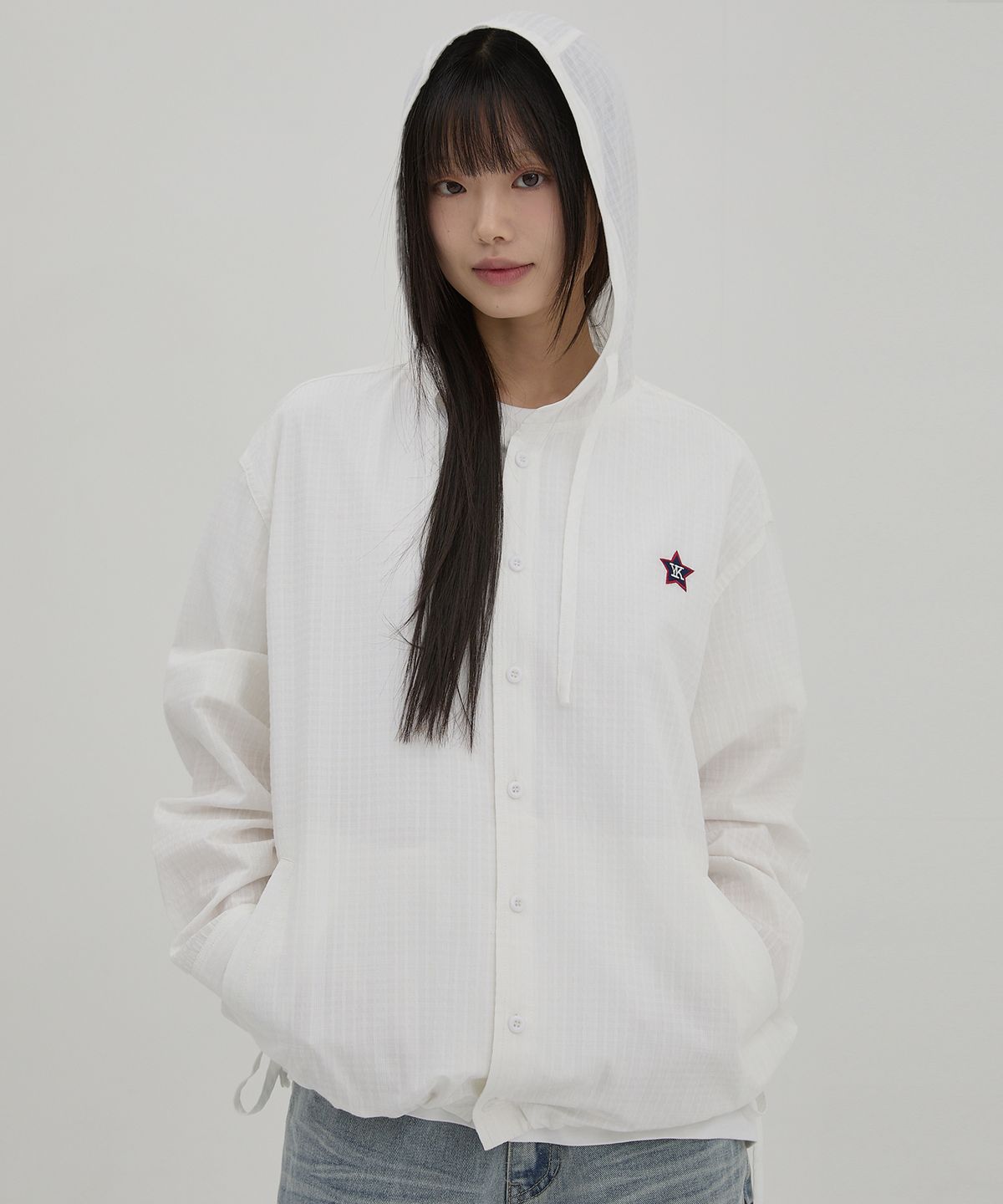 와이케이(WAIKEI) YK 체크 후드 셔츠 스카이블루