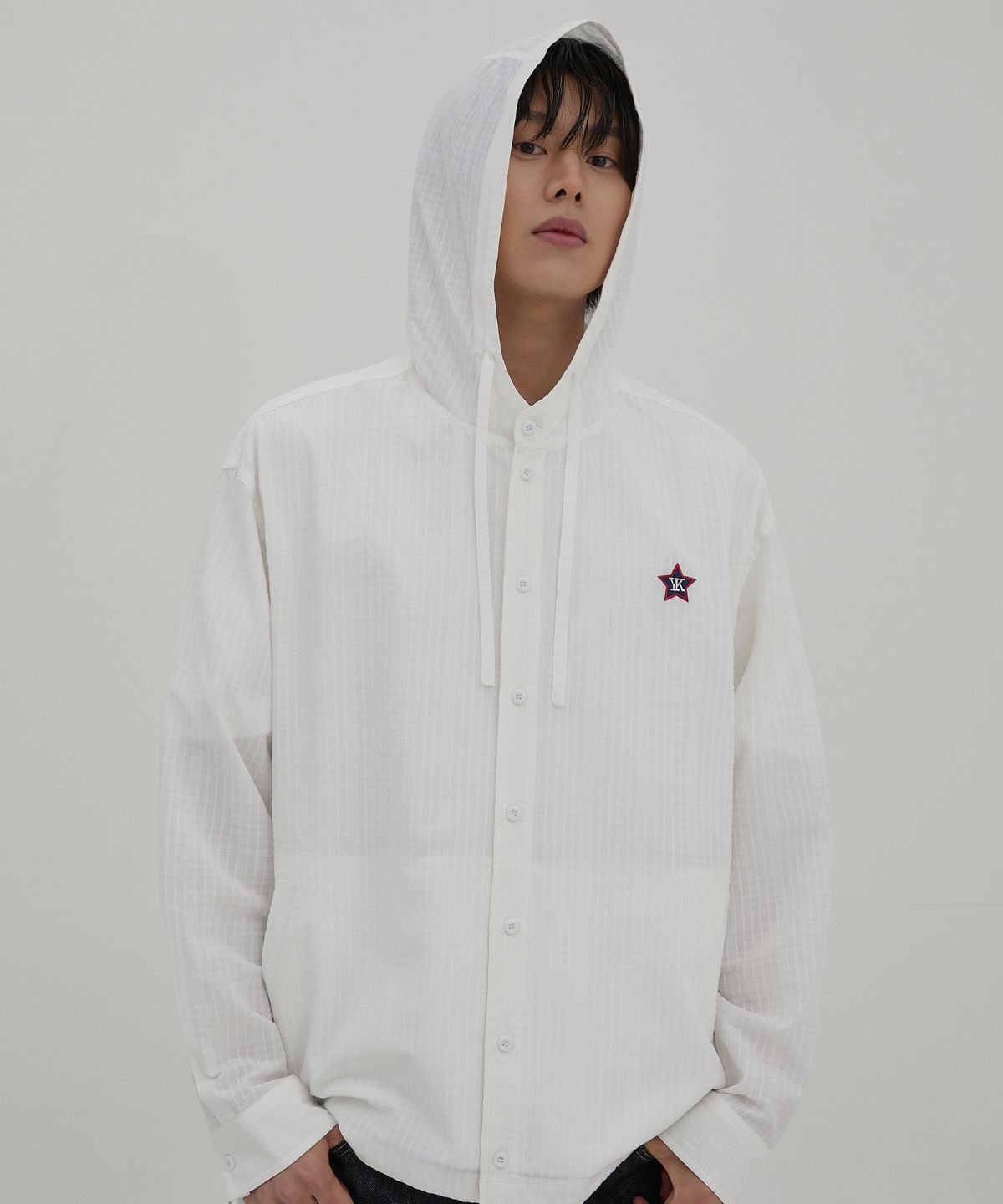 와이케이(WAIKEI) YK 체크 후드 셔츠 화이트