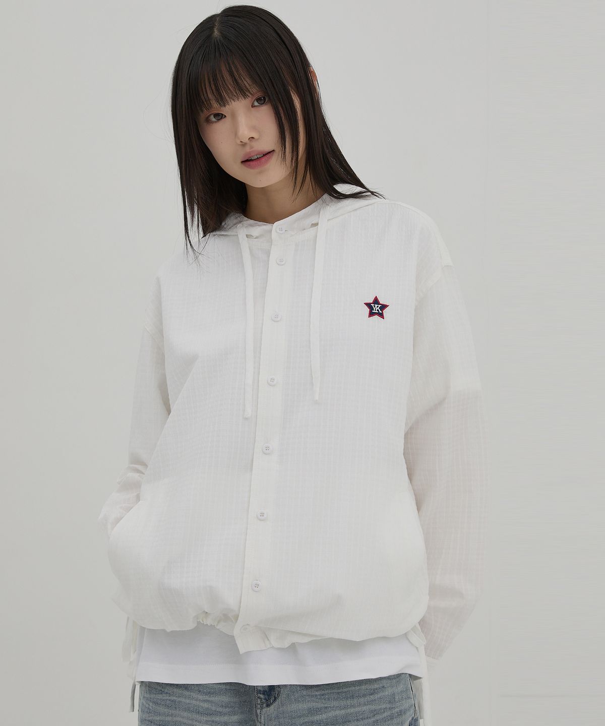 와이케이(WAIKEI) YK 체크 후드 셔츠 화이트