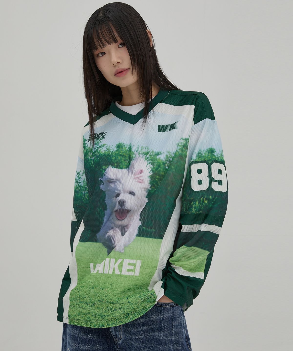 와이케이(WAIKEI) 말티즈 구름 메쉬 져지 롱슬리브 티셔츠 그린