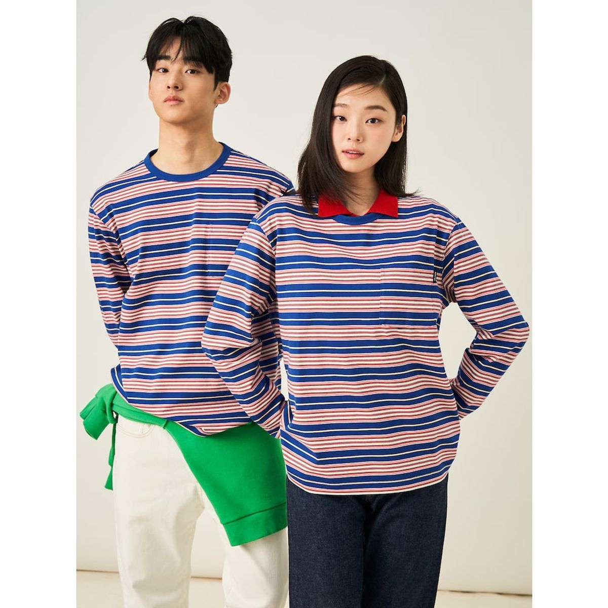 빈폴 멘(BEANPOLE MEN) 멀티 스트라이프 라운드 티셔츠  블루