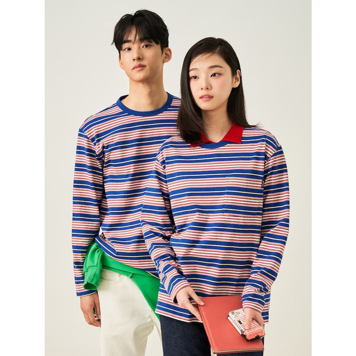 빈폴 멘(BEANPOLE MEN) 멀티 스트라이프 라운드 티셔츠  블루