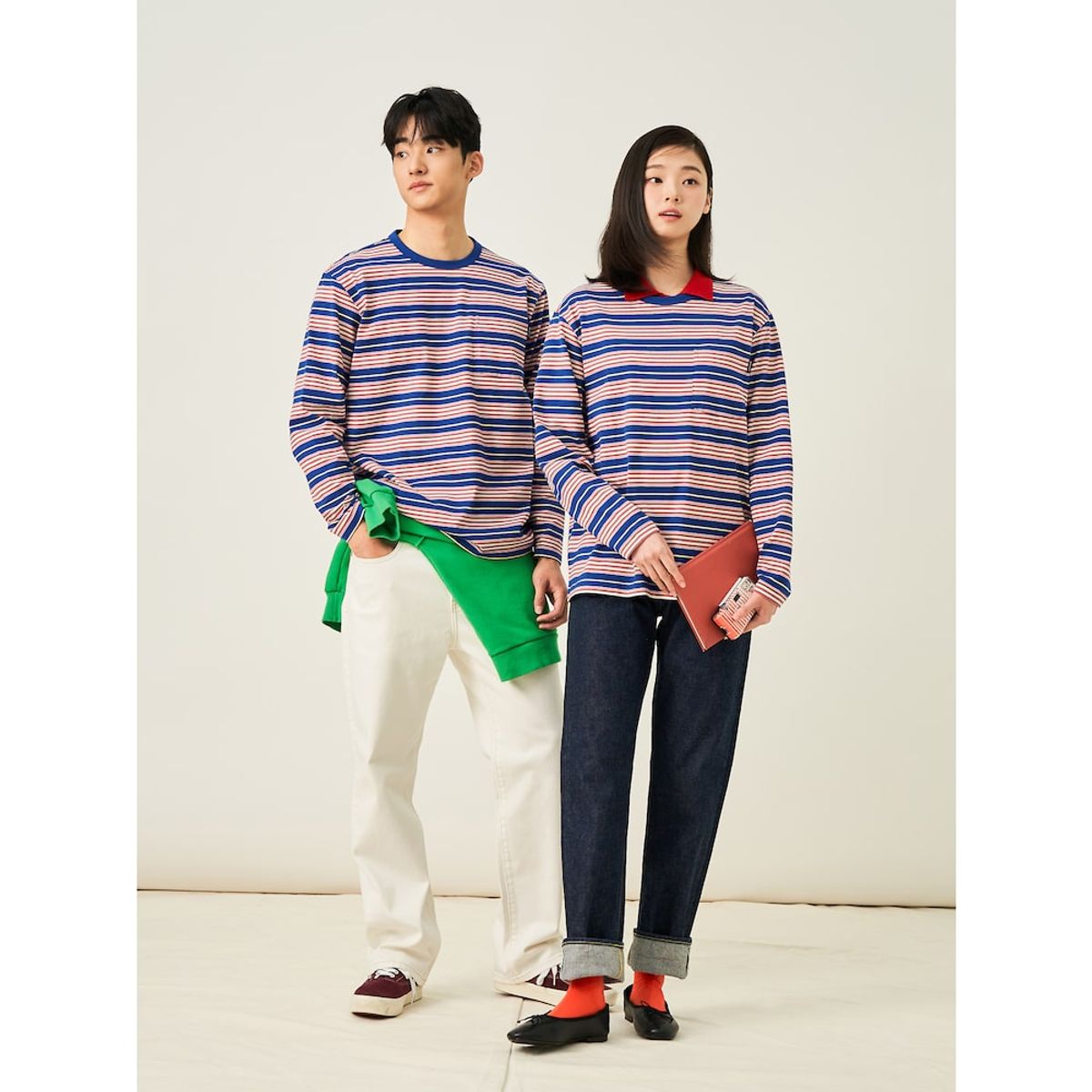 빈폴 멘(BEANPOLE MEN) 멀티 스트라이프 라운드 티셔츠  블루