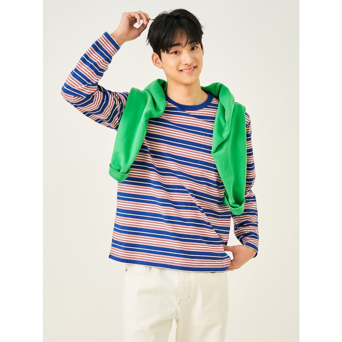 빈폴 멘(BEANPOLE MEN) 멀티 스트라이프 라운드 티셔츠  블루