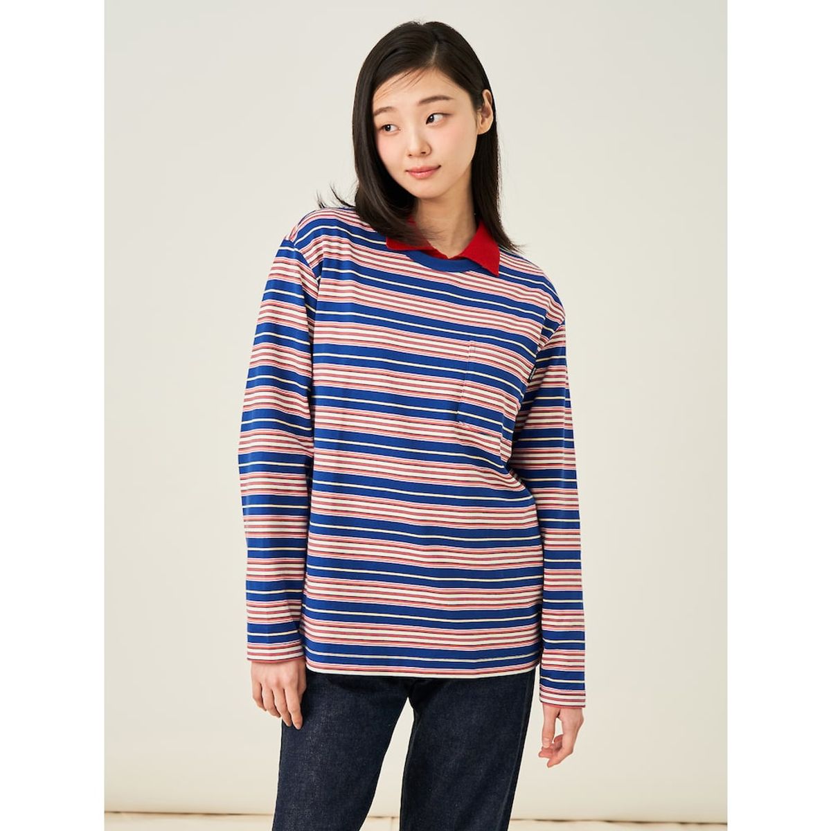 빈폴 멘(BEANPOLE MEN) 멀티 스트라이프 라운드 티셔츠  블루